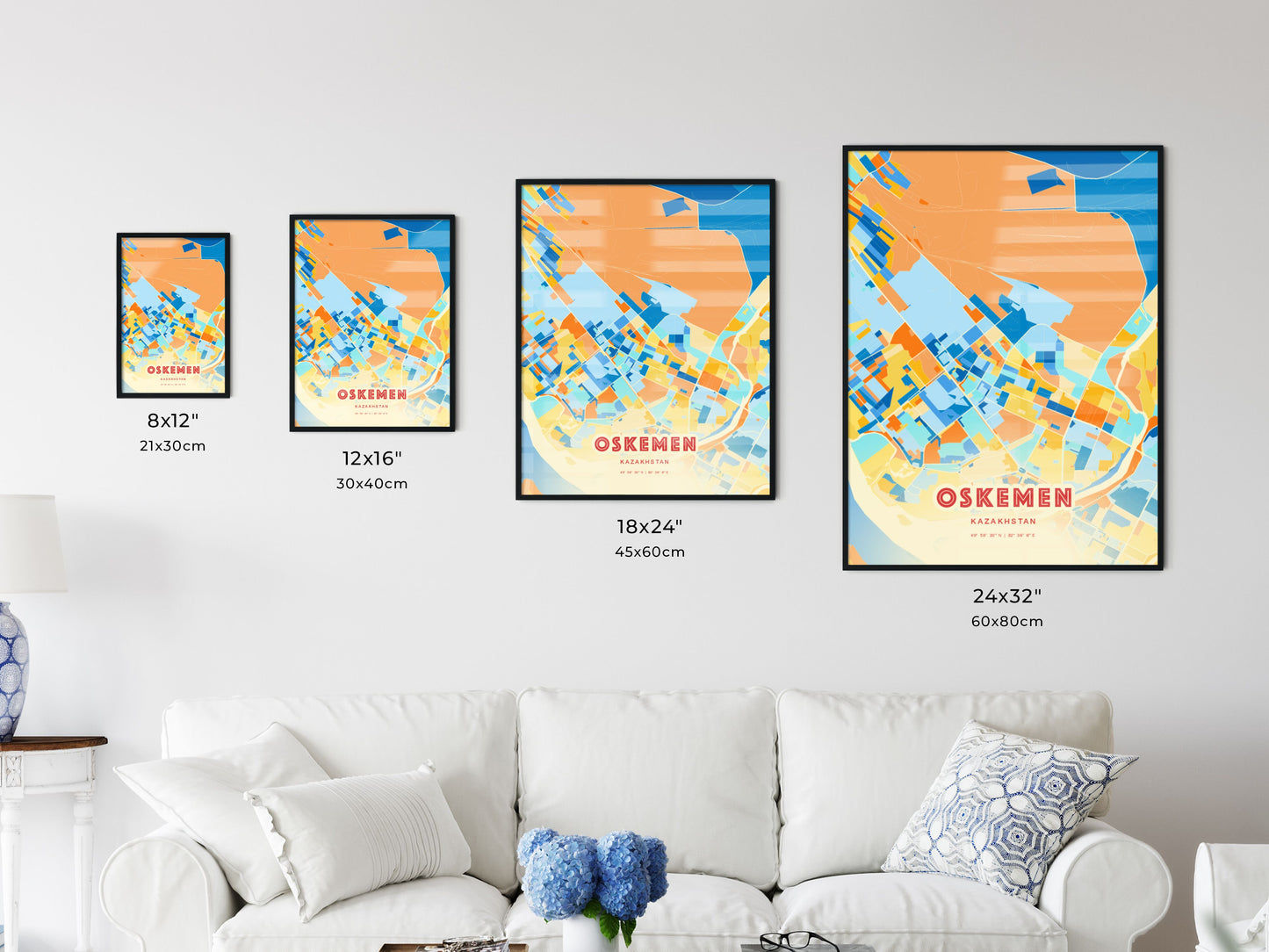 Colorful OSKEMEN KAZAKHSTAN Fine Art Map Blue Orange