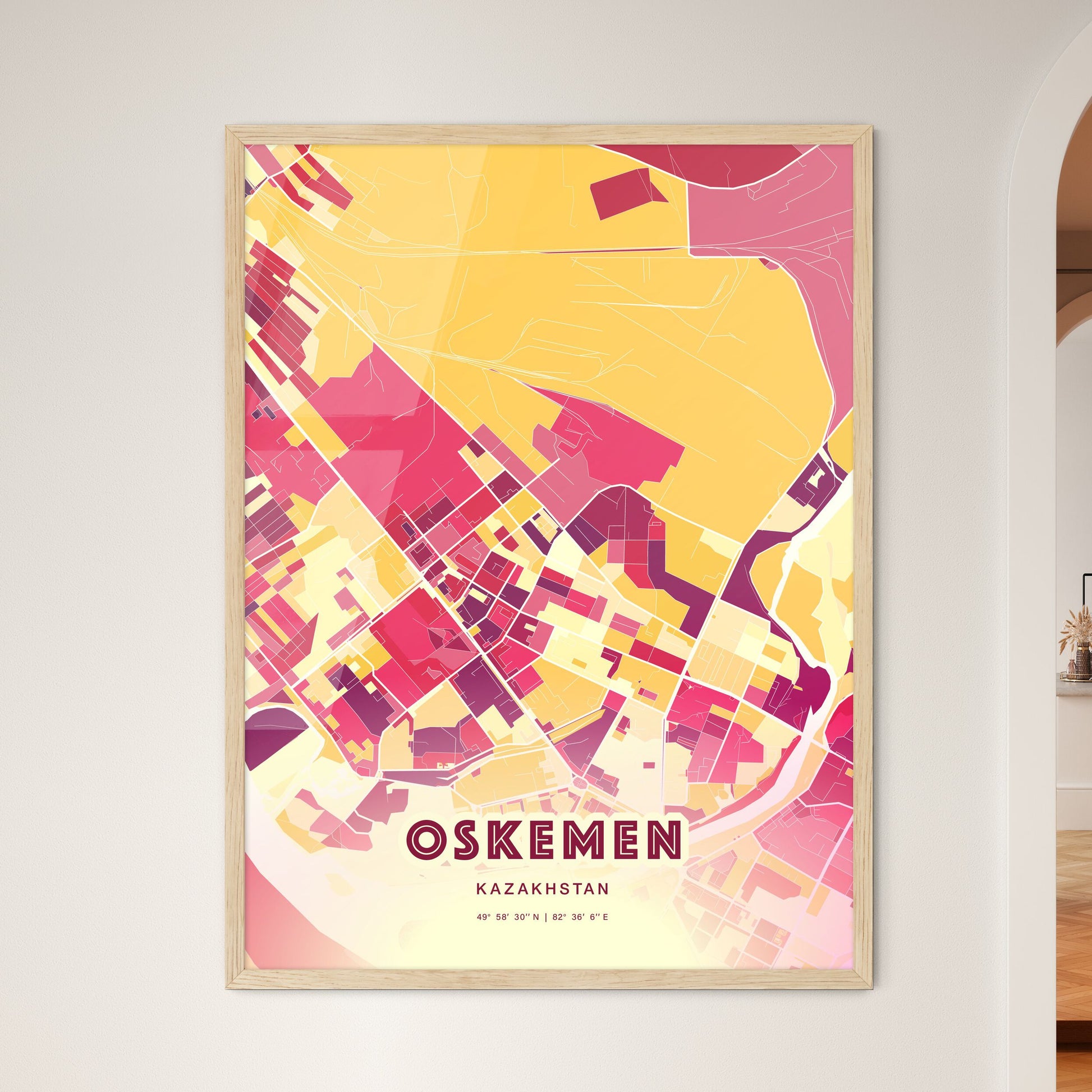 Colorful OSKEMEN KAZAKHSTAN Fine Art Map Hot Red