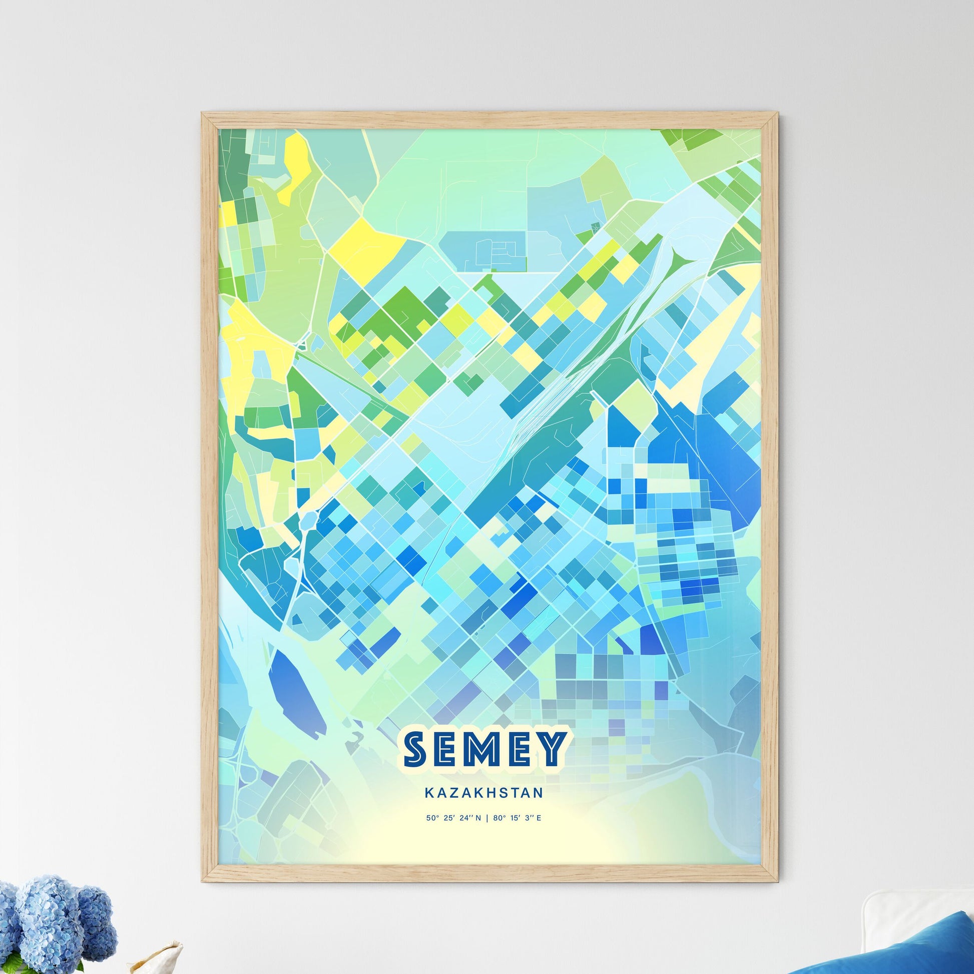 Colorful SEMEY KAZAKHSTAN Fine Art Map Cool Blue