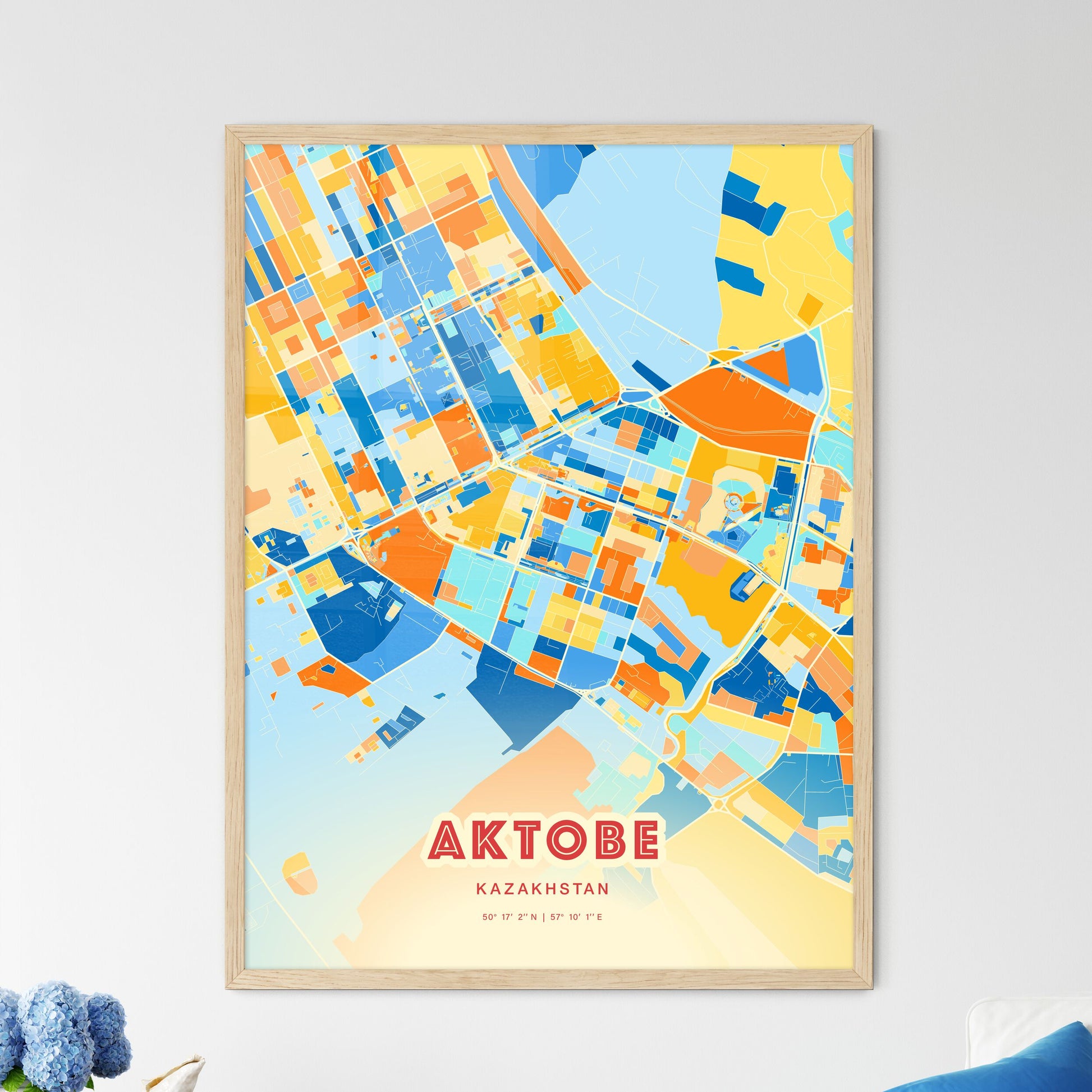 Colorful AKTOBE KAZAKHSTAN Fine Art Map Blue Orange