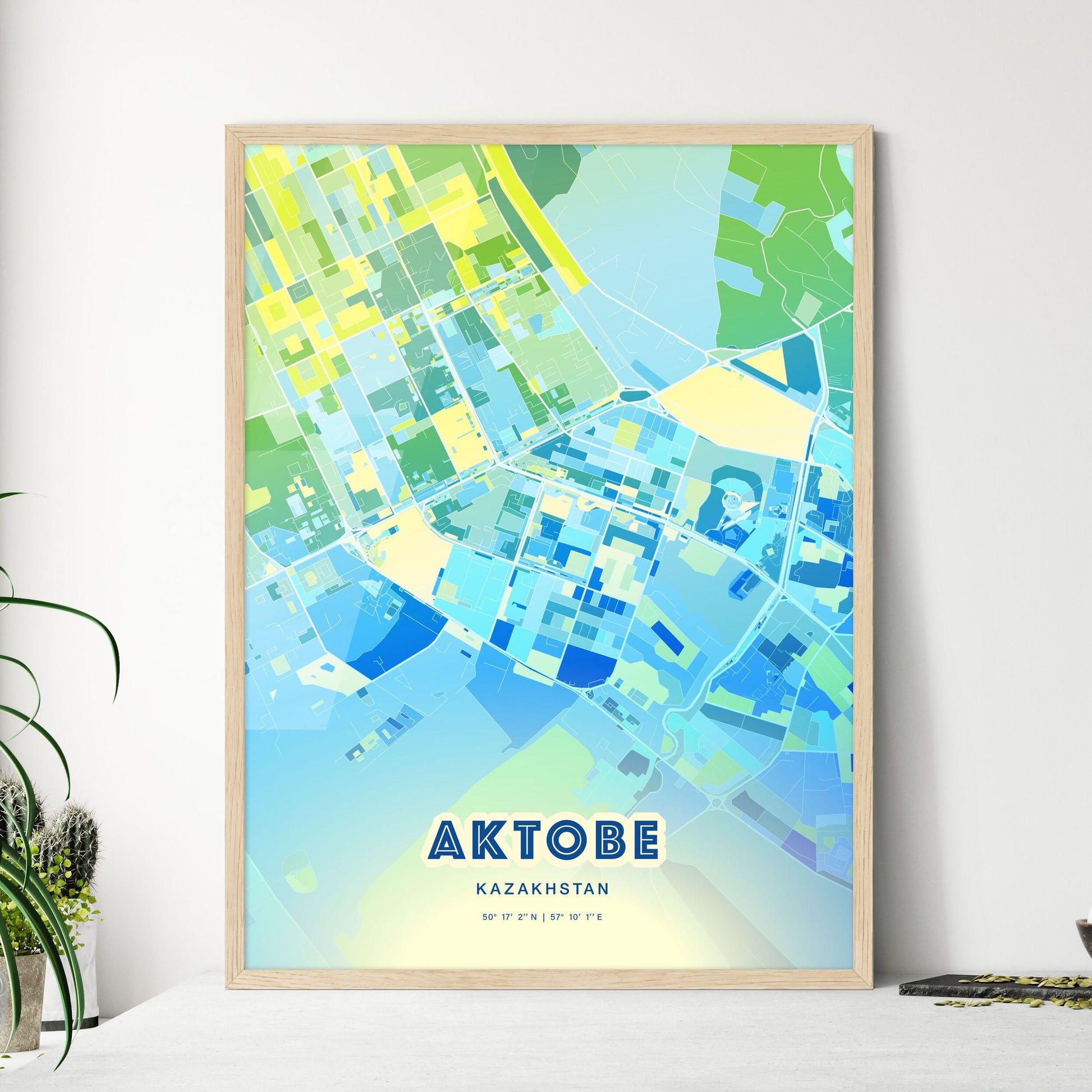 Colorful AKTOBE KAZAKHSTAN Fine Art Map Cool Blue