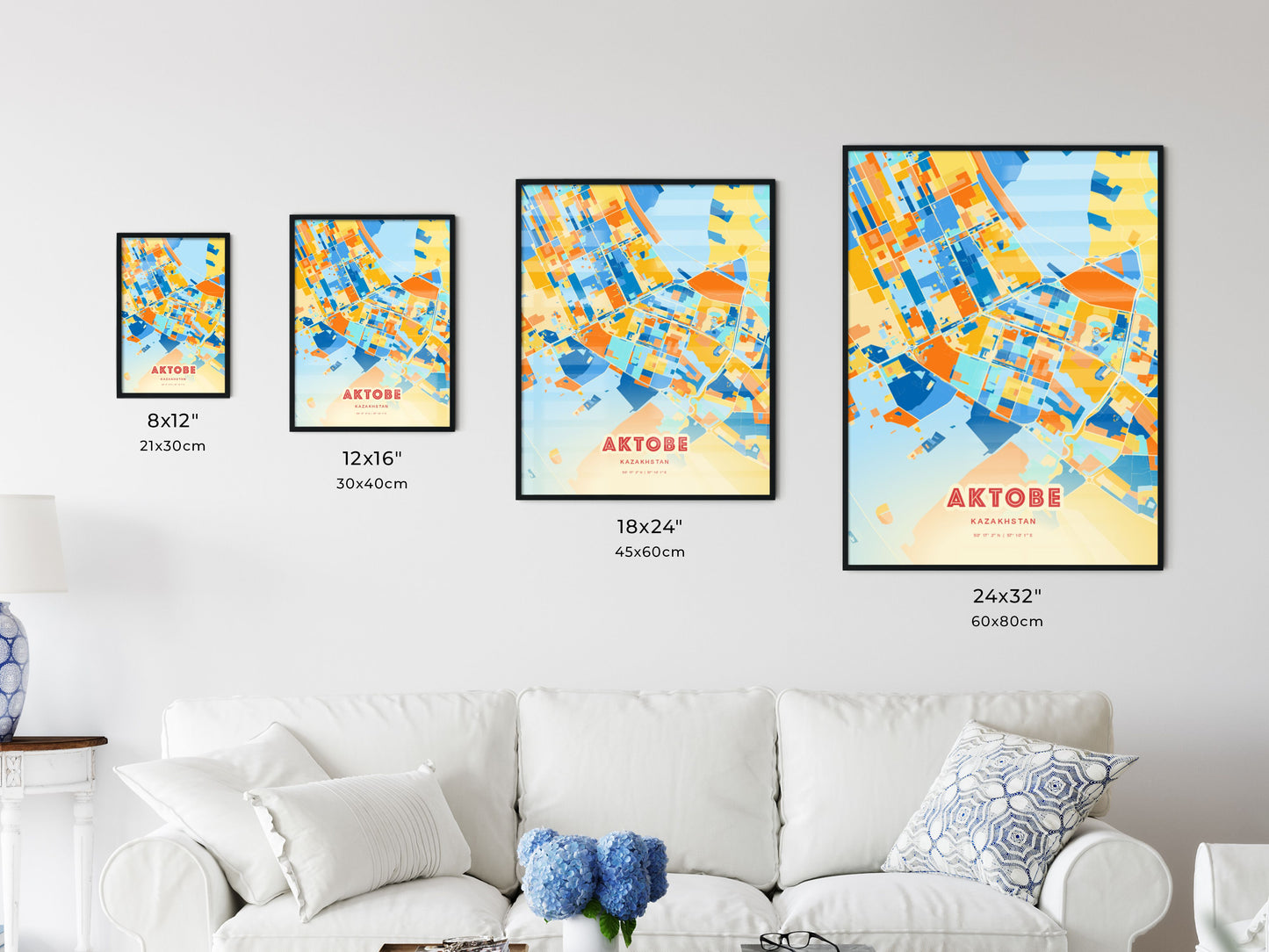 Colorful AKTOBE KAZAKHSTAN Fine Art Map Blue Orange