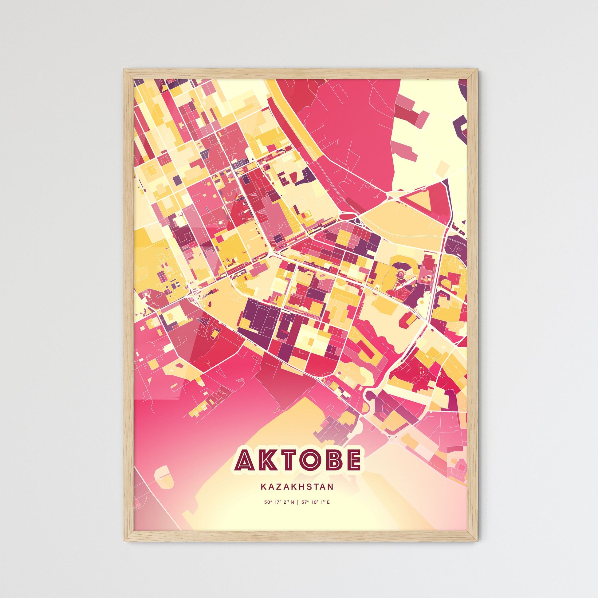 Colorful AKTOBE KAZAKHSTAN Fine Art Map Hot Red