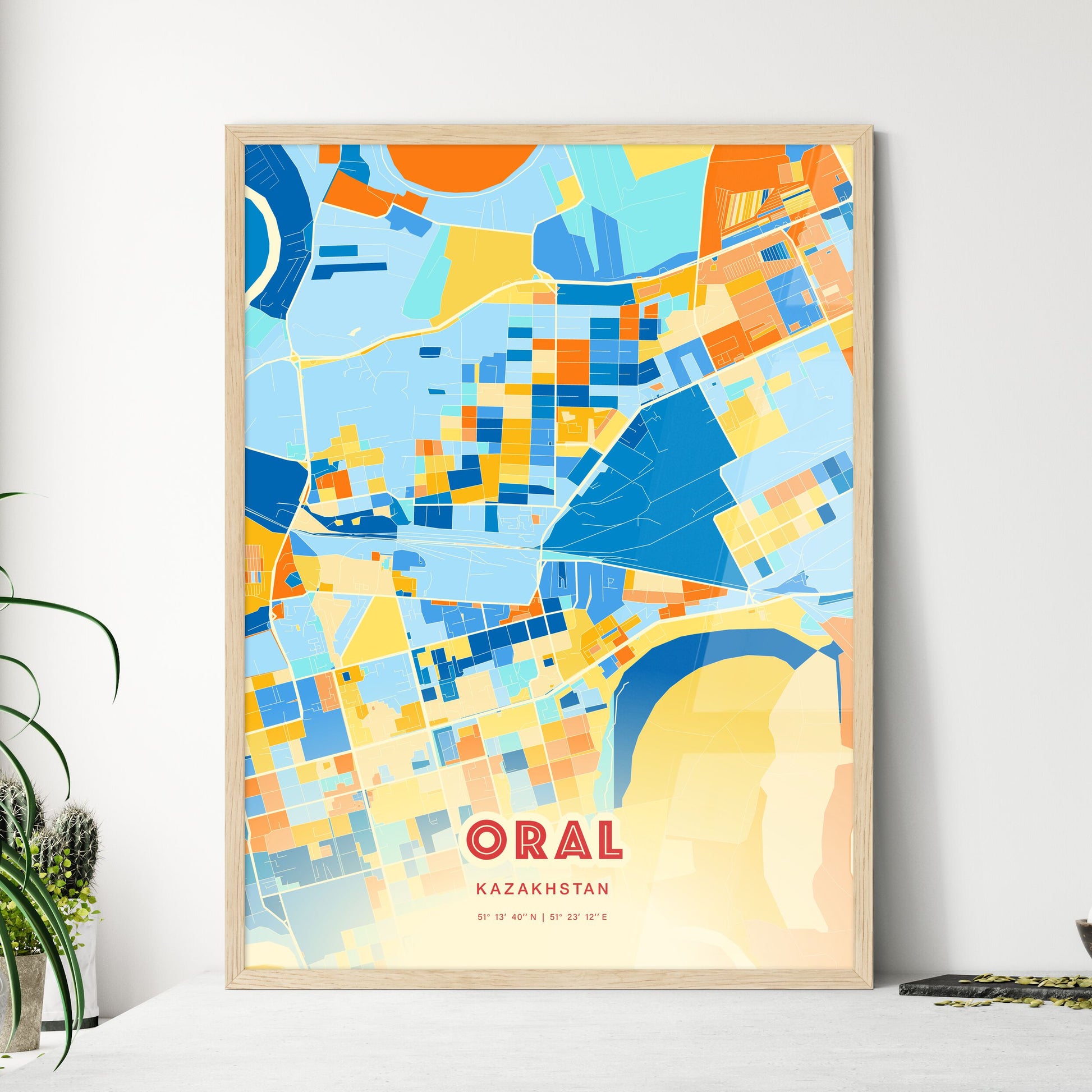 Colorful ORAL KAZAKHSTAN Fine Art Map Blue Orange