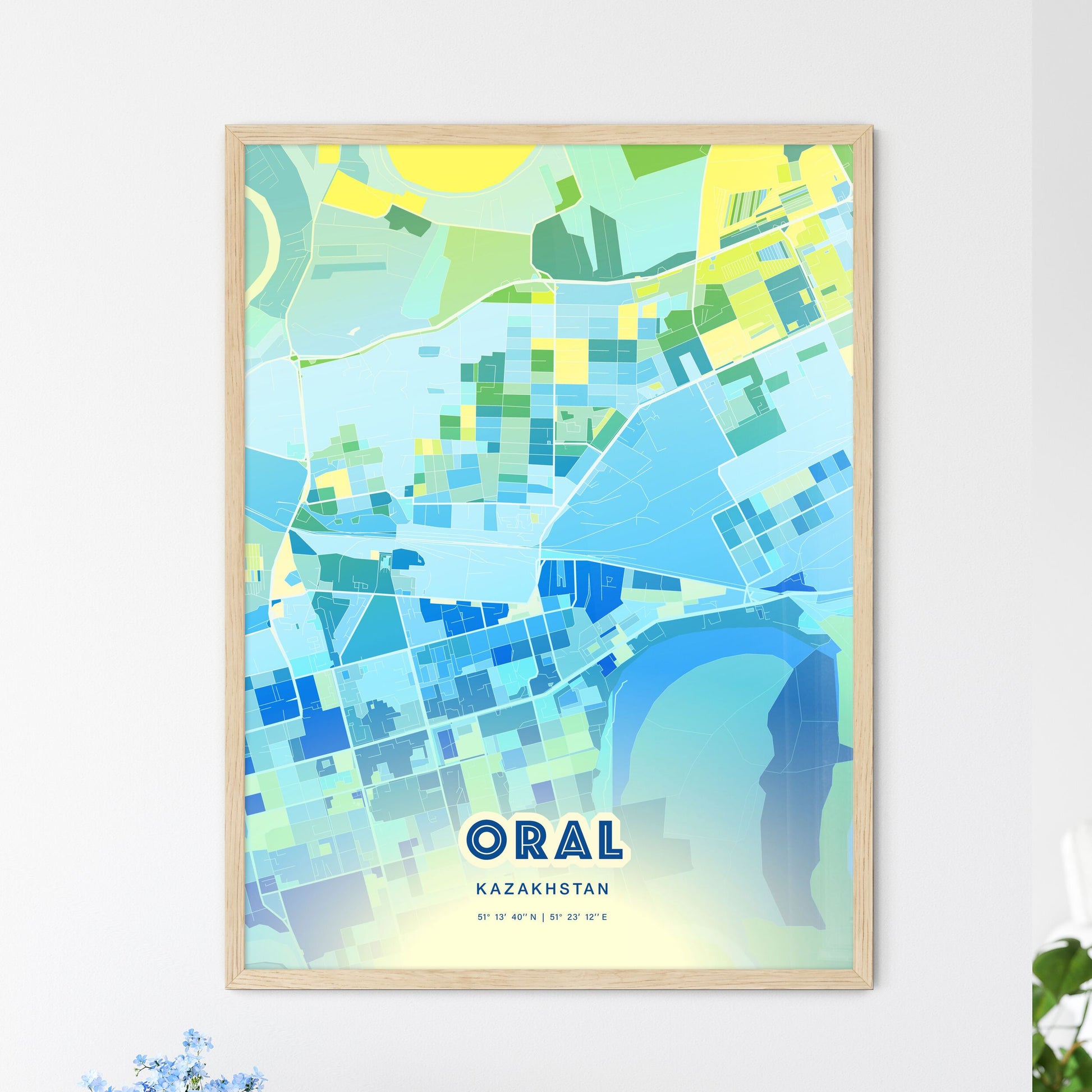 Colorful ORAL KAZAKHSTAN Fine Art Map Cool Blue