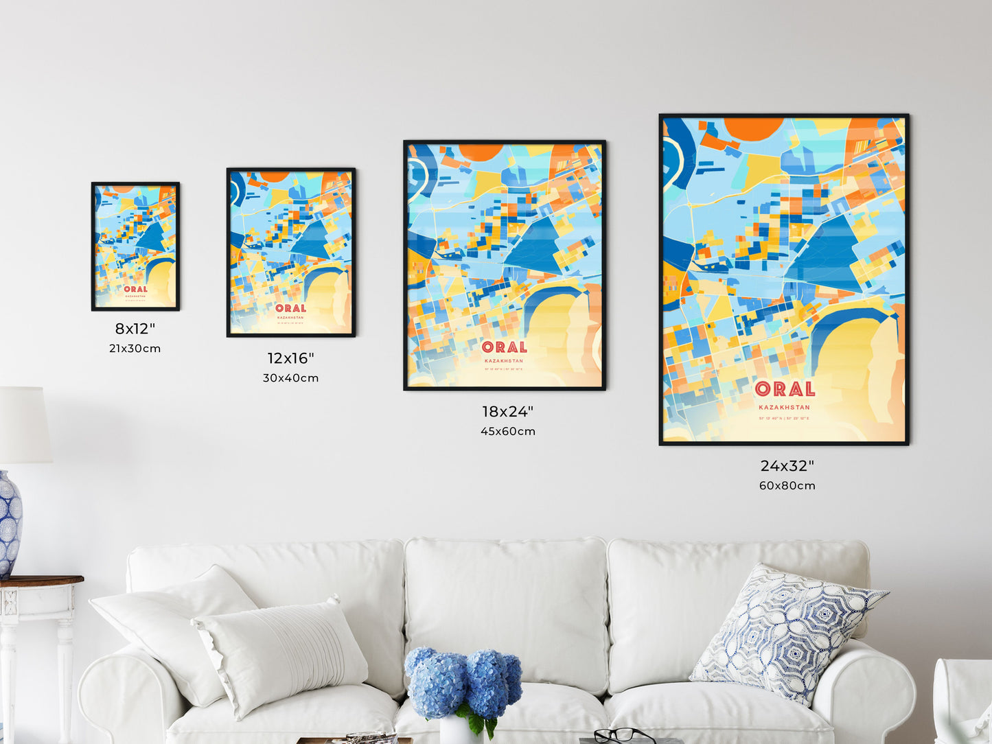 Colorful ORAL KAZAKHSTAN Fine Art Map Blue Orange