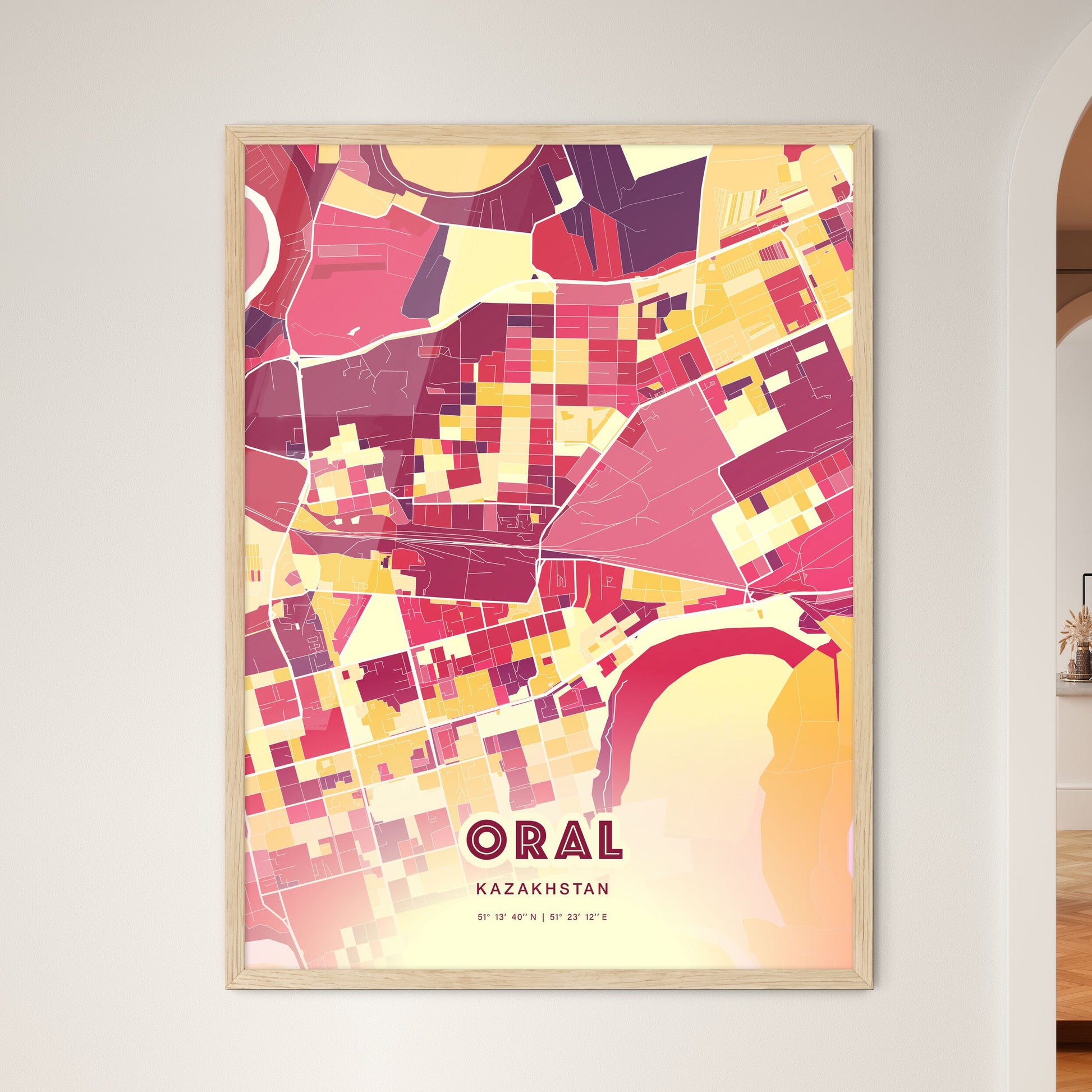 Colorful ORAL KAZAKHSTAN Fine Art Map Hot Red