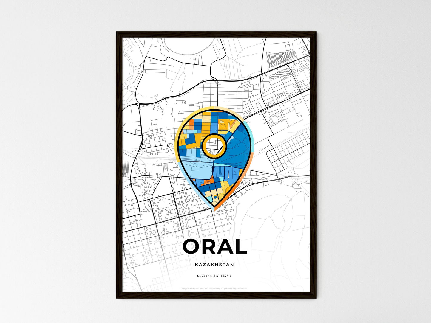 Oral Kazakhstan wedding art map with pointer icon