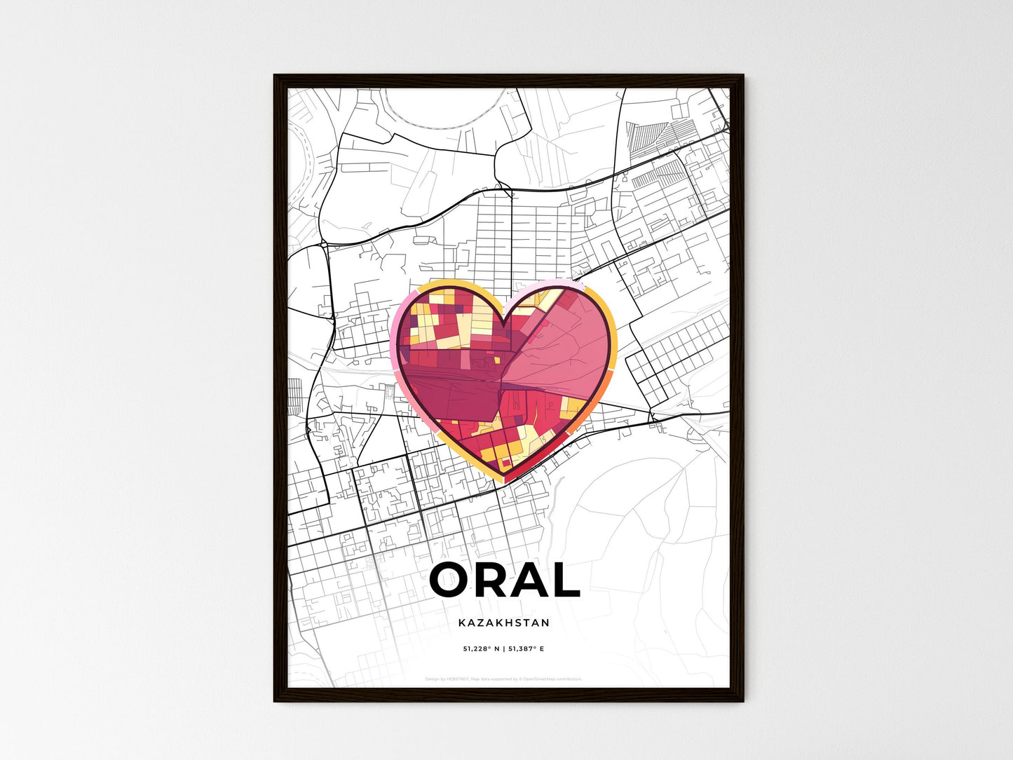 Oral Kazakhstan wedding art map with heart icon