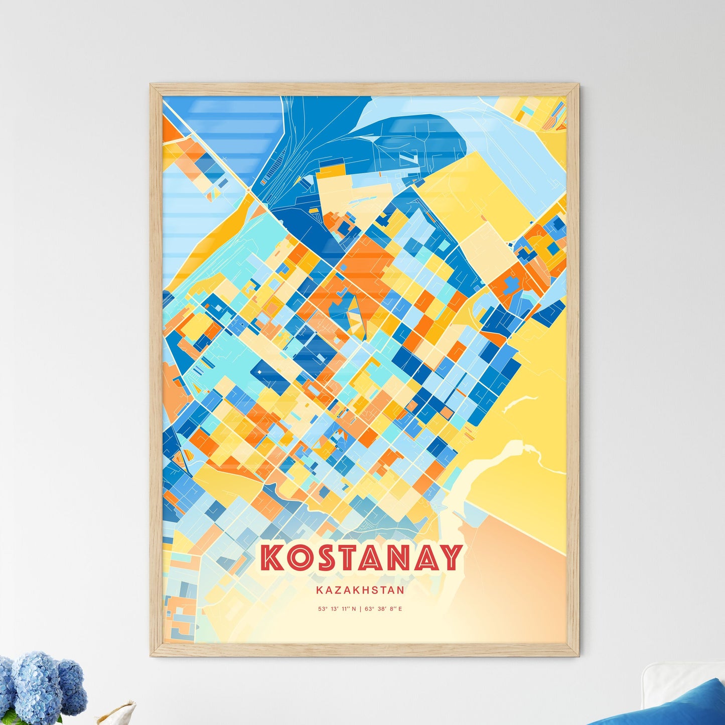 Colorful KOSTANAY KAZAKHSTAN Fine Art Map Blue Orange