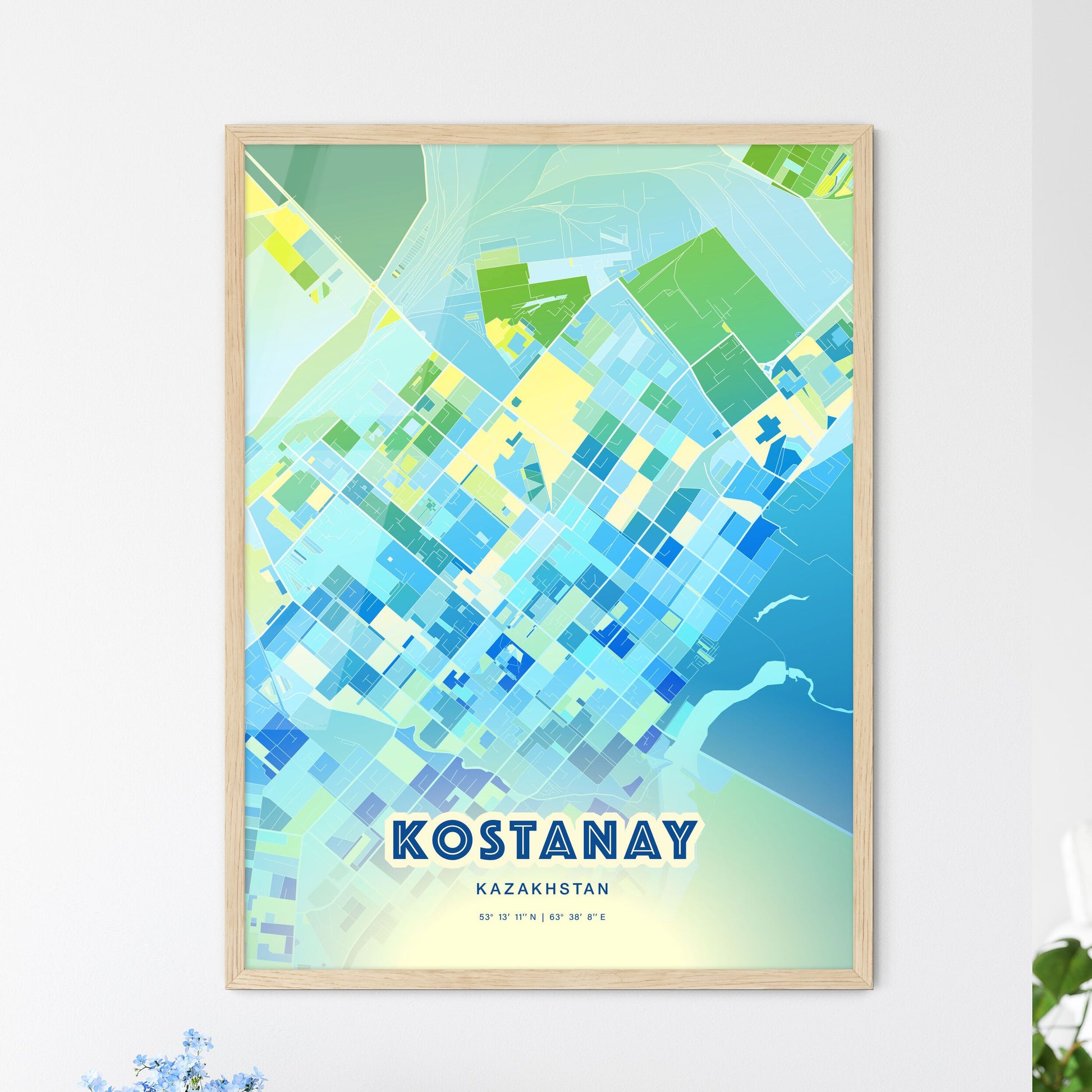 Colorful KOSTANAY KAZAKHSTAN Fine Art Map Cool Blue