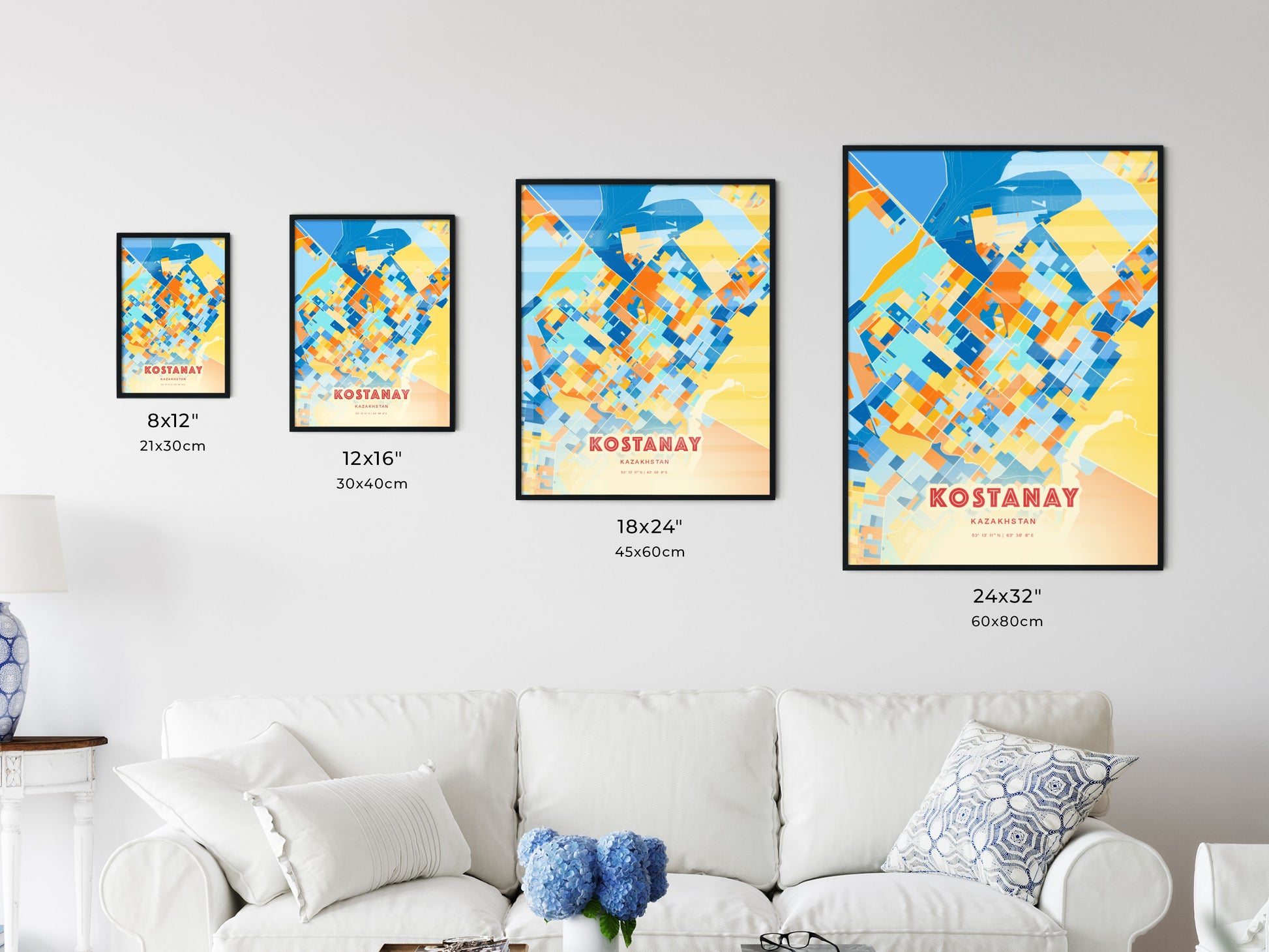 Colorful KOSTANAY KAZAKHSTAN Fine Art Map Blue Orange