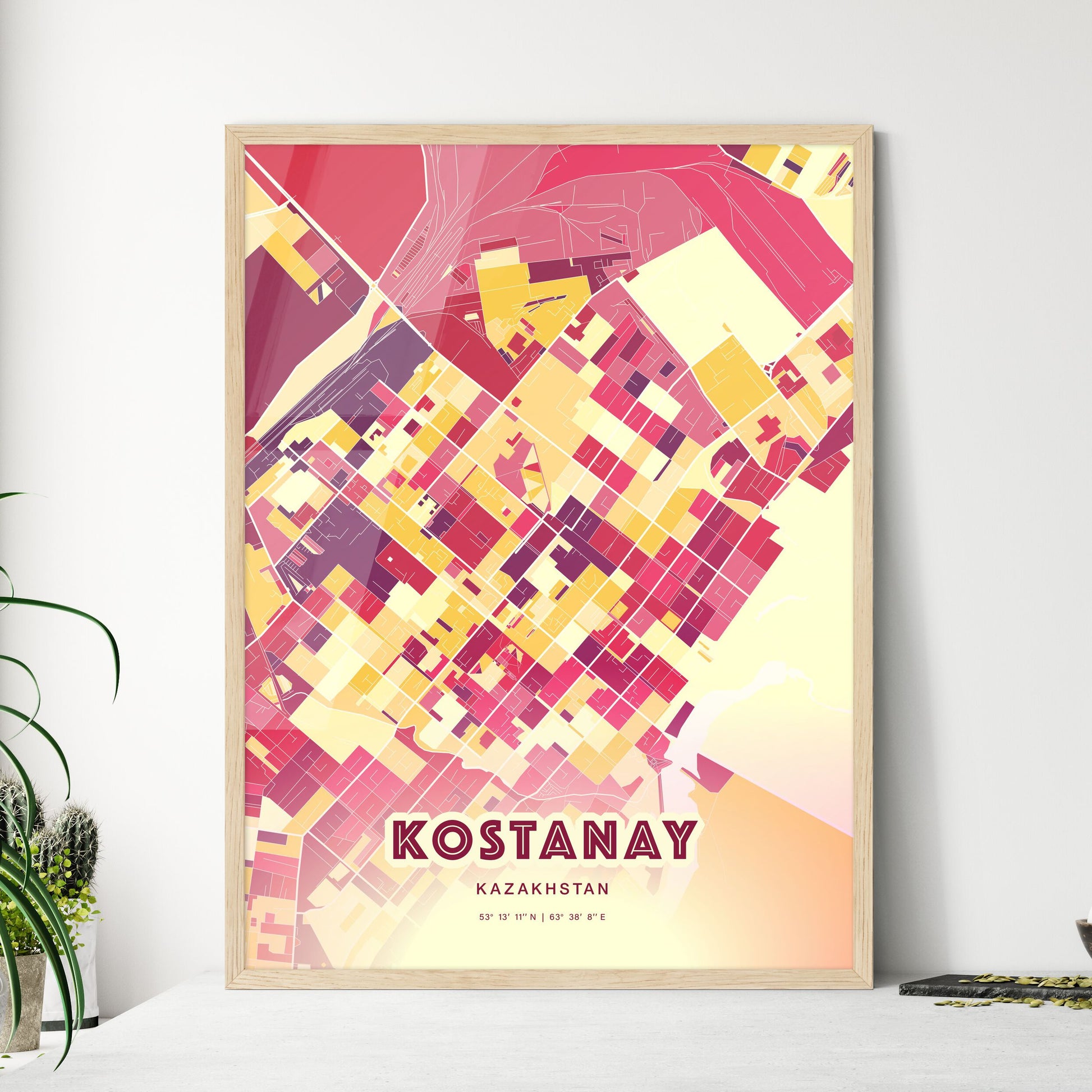 Colorful KOSTANAY KAZAKHSTAN Fine Art Map Hot Red