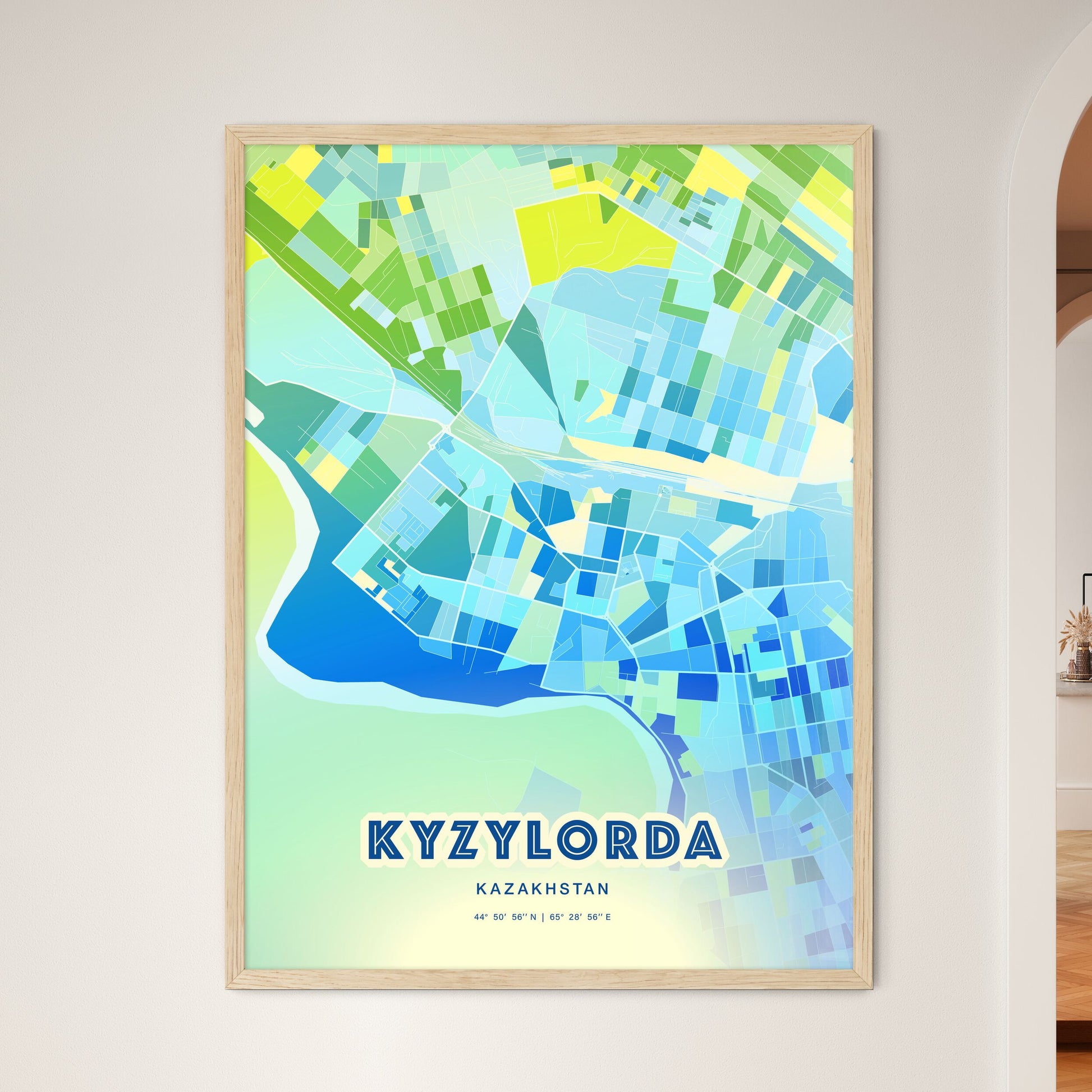 Colorful KYZYLORDA KAZAKHSTAN Fine Art Map Cool Blue