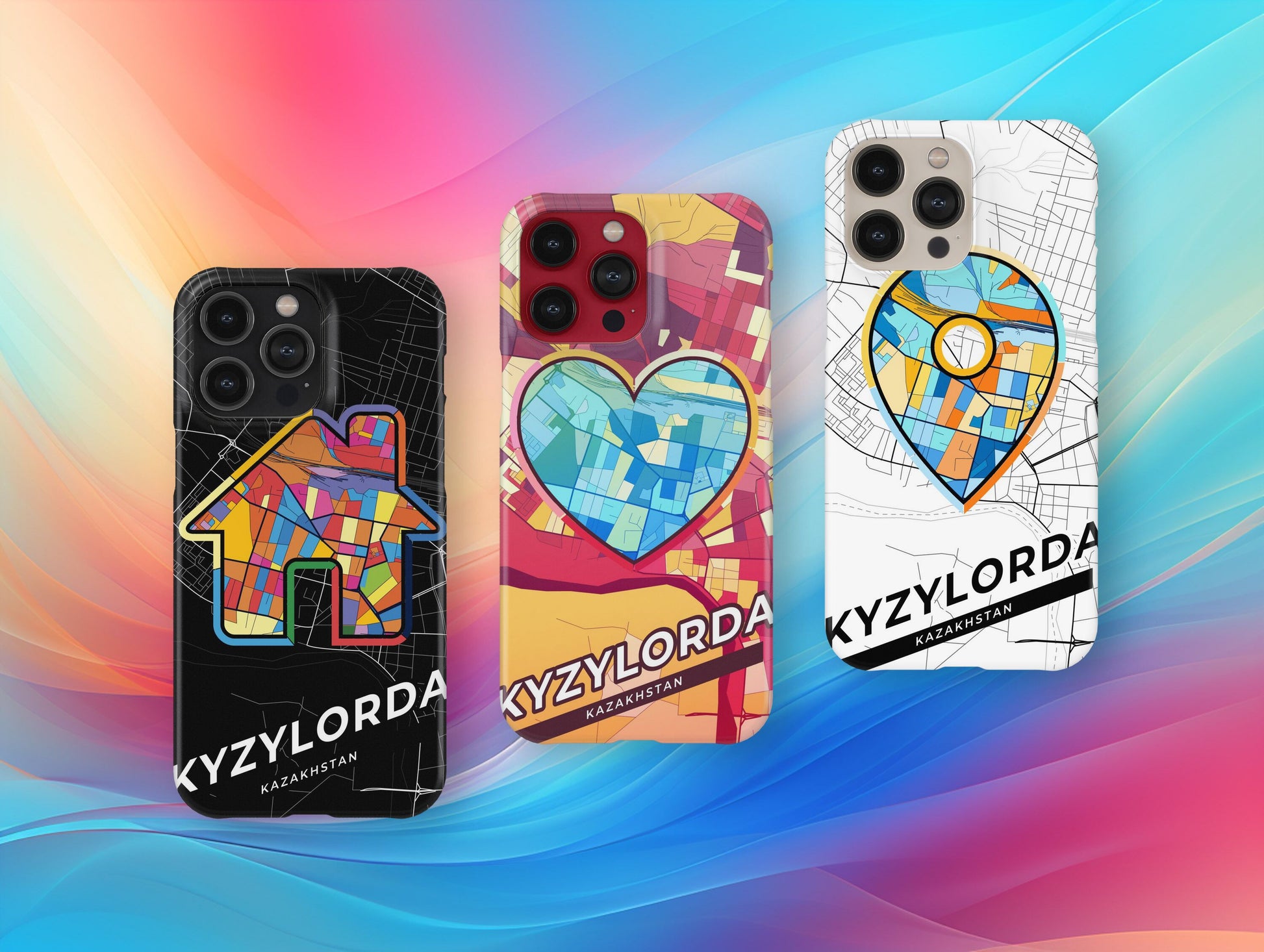 Kyzylorda Kazakhstan slim phone case with colorful icon. Birthday, wedding or housewarming gift. Couple match cases.