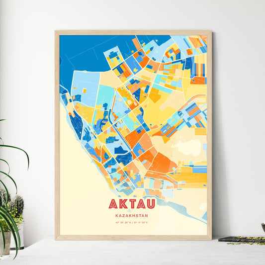 Colorful AKTAU KAZAKHSTAN Fine Art Map Blue Orange