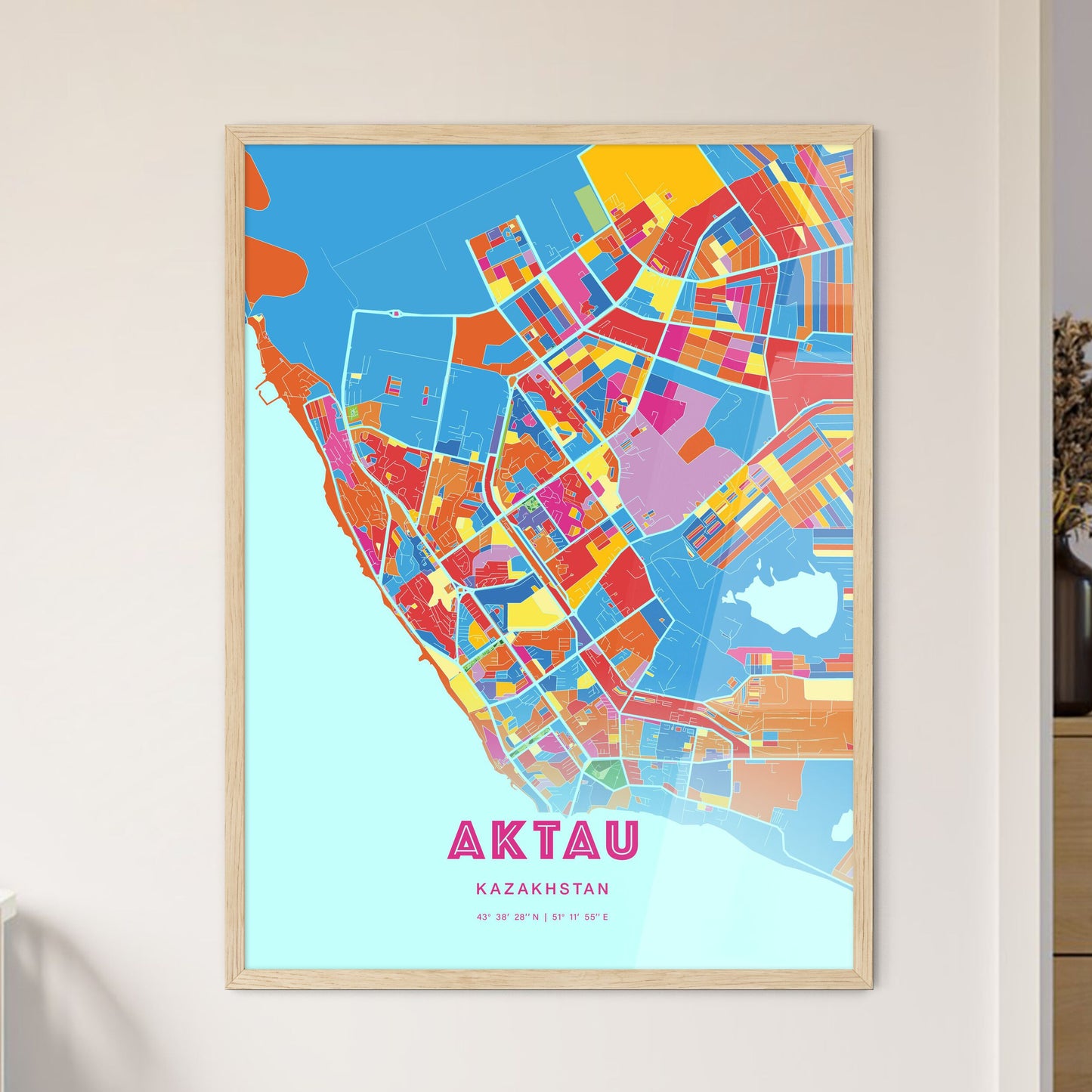 Colorful AKTAU KAZAKHSTAN Fine Art Map Crazy Colors