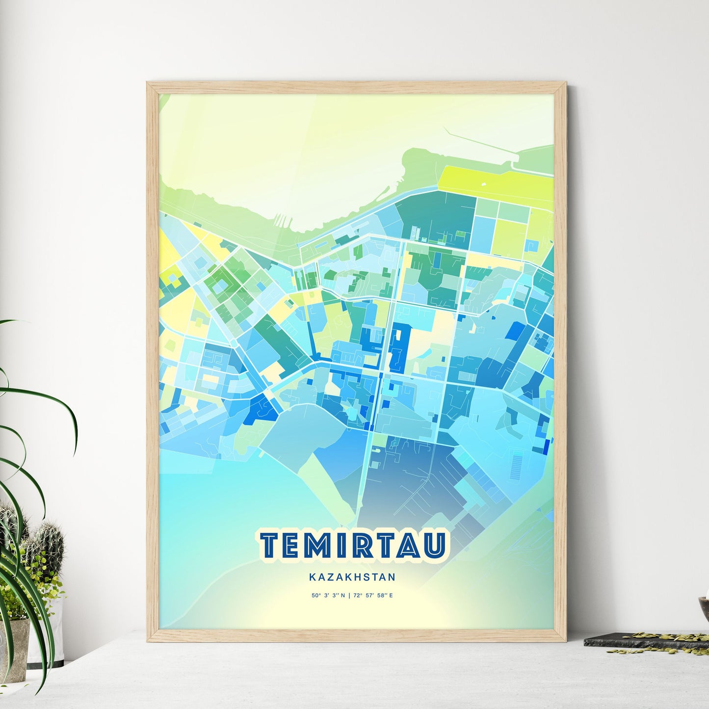 Colorful TEMIRTAU KAZAKHSTAN Fine Art Map Cool Blue