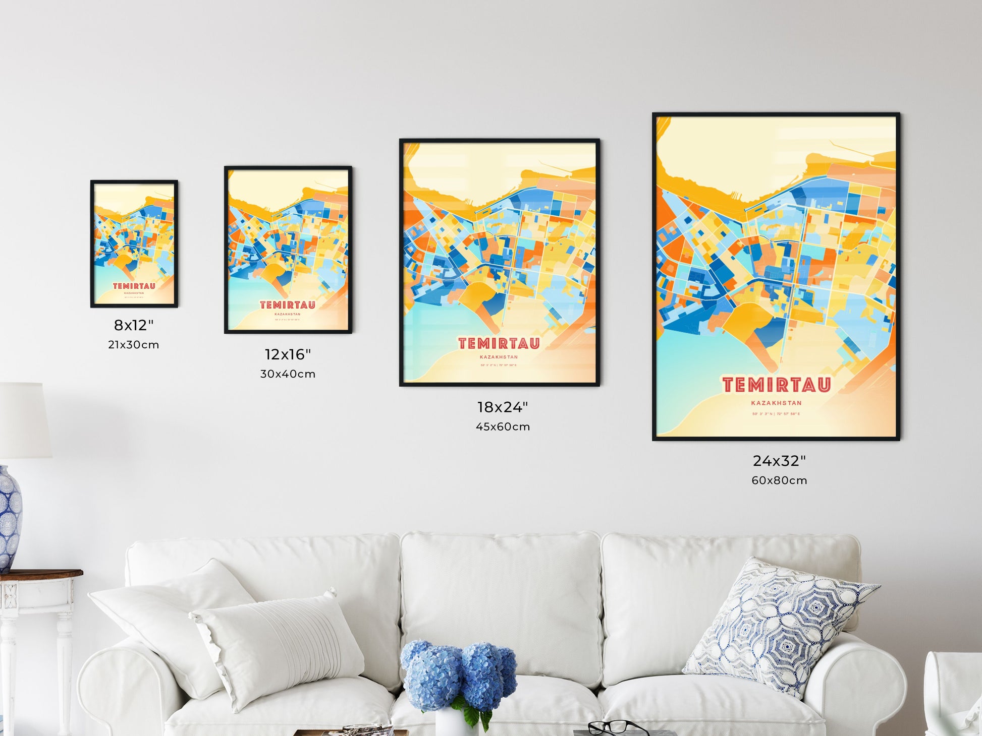 Colorful TEMIRTAU KAZAKHSTAN Fine Art Map Blue Orange