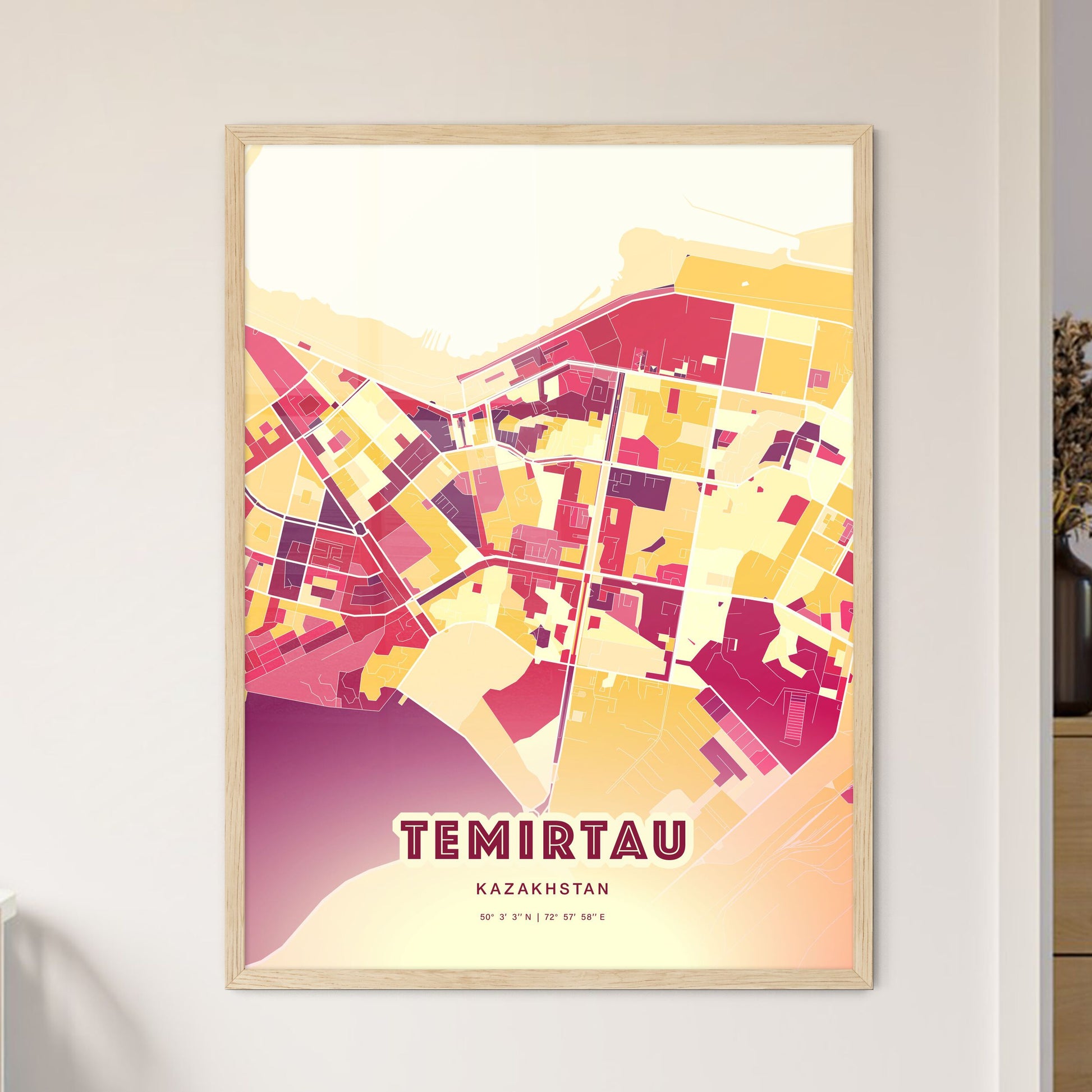 Colorful TEMIRTAU KAZAKHSTAN Fine Art Map Hot Red