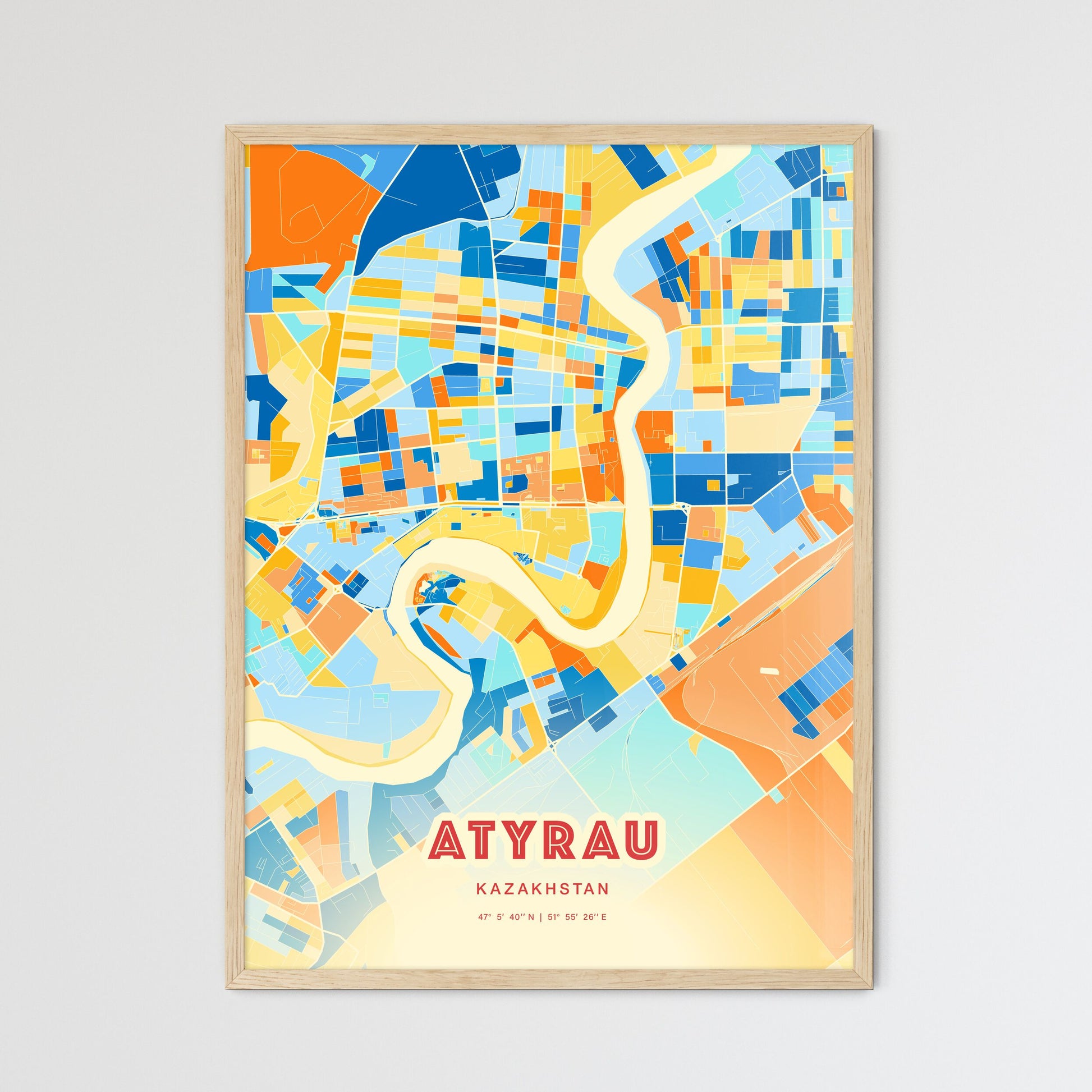 Colorful ATYRAU KAZAKHSTAN Fine Art Map Blue Orange