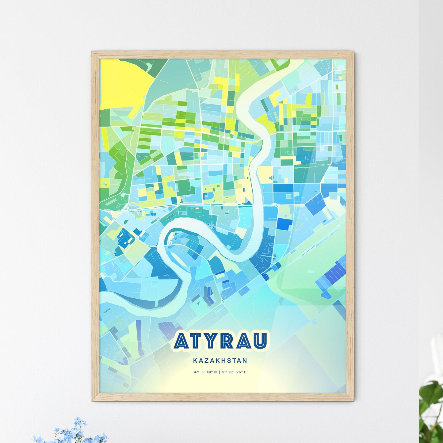 Colorful ATYRAU KAZAKHSTAN Fine Art Map Cool Blue