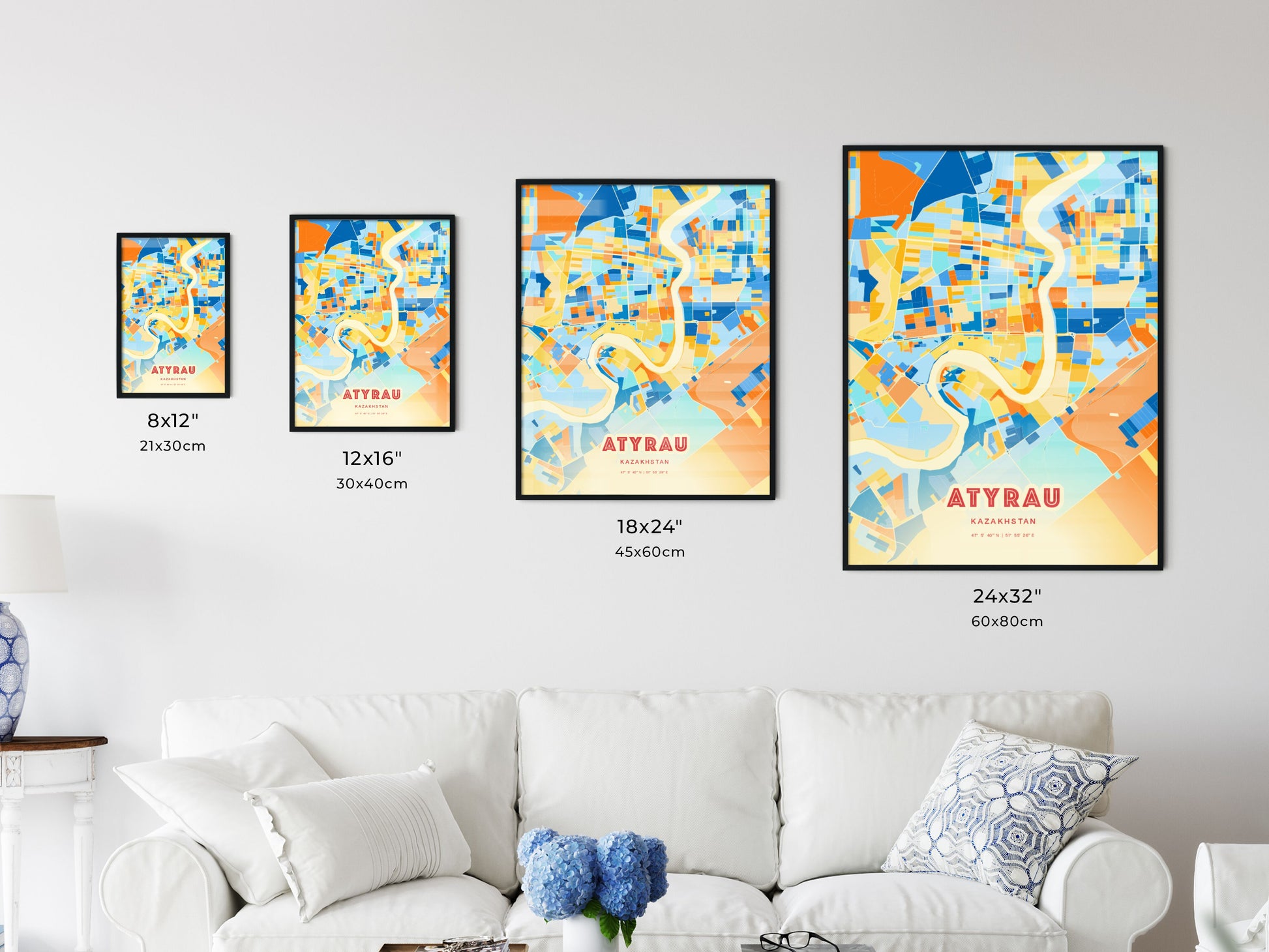 Colorful ATYRAU KAZAKHSTAN Fine Art Map Blue Orange