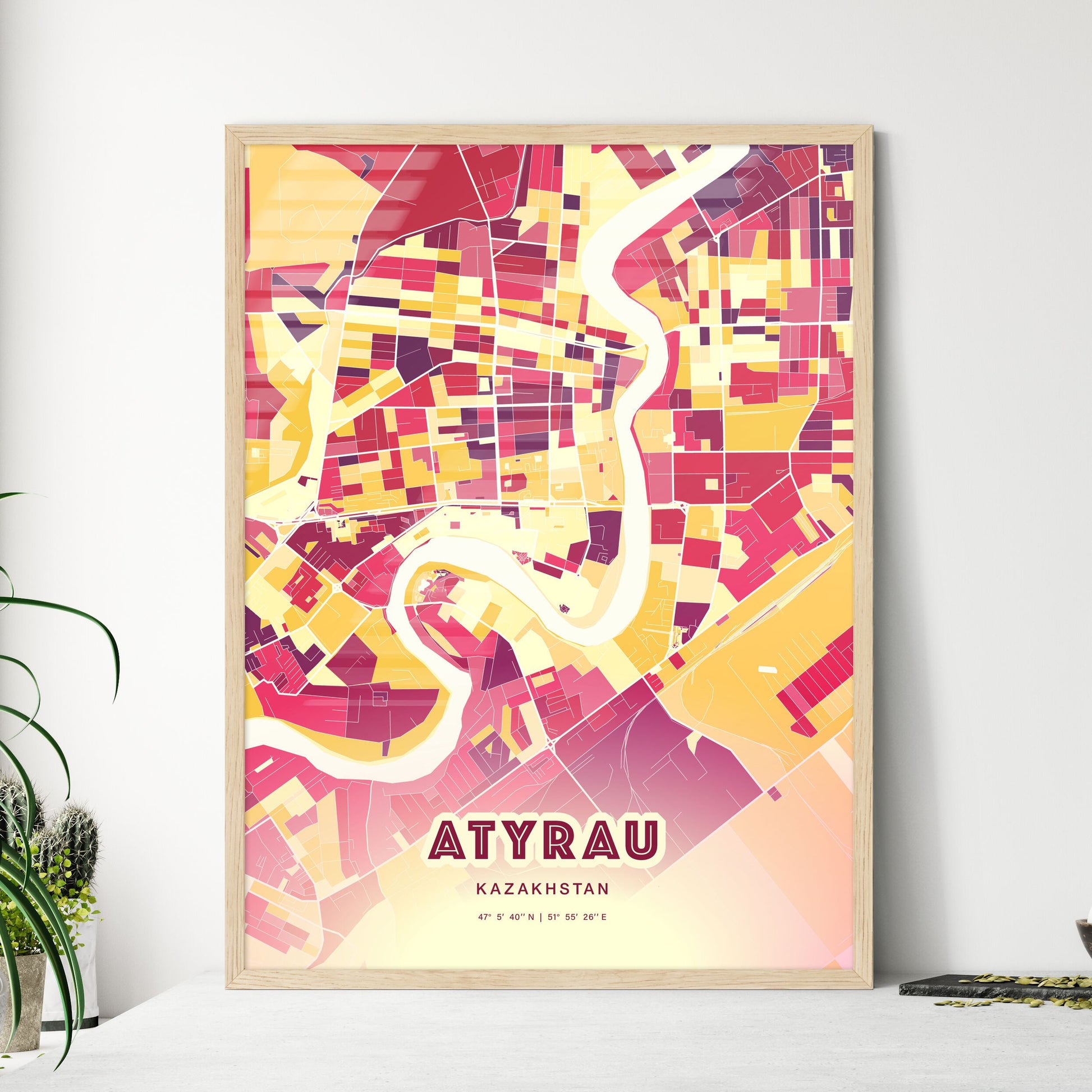 Colorful ATYRAU KAZAKHSTAN Fine Art Map Hot Red