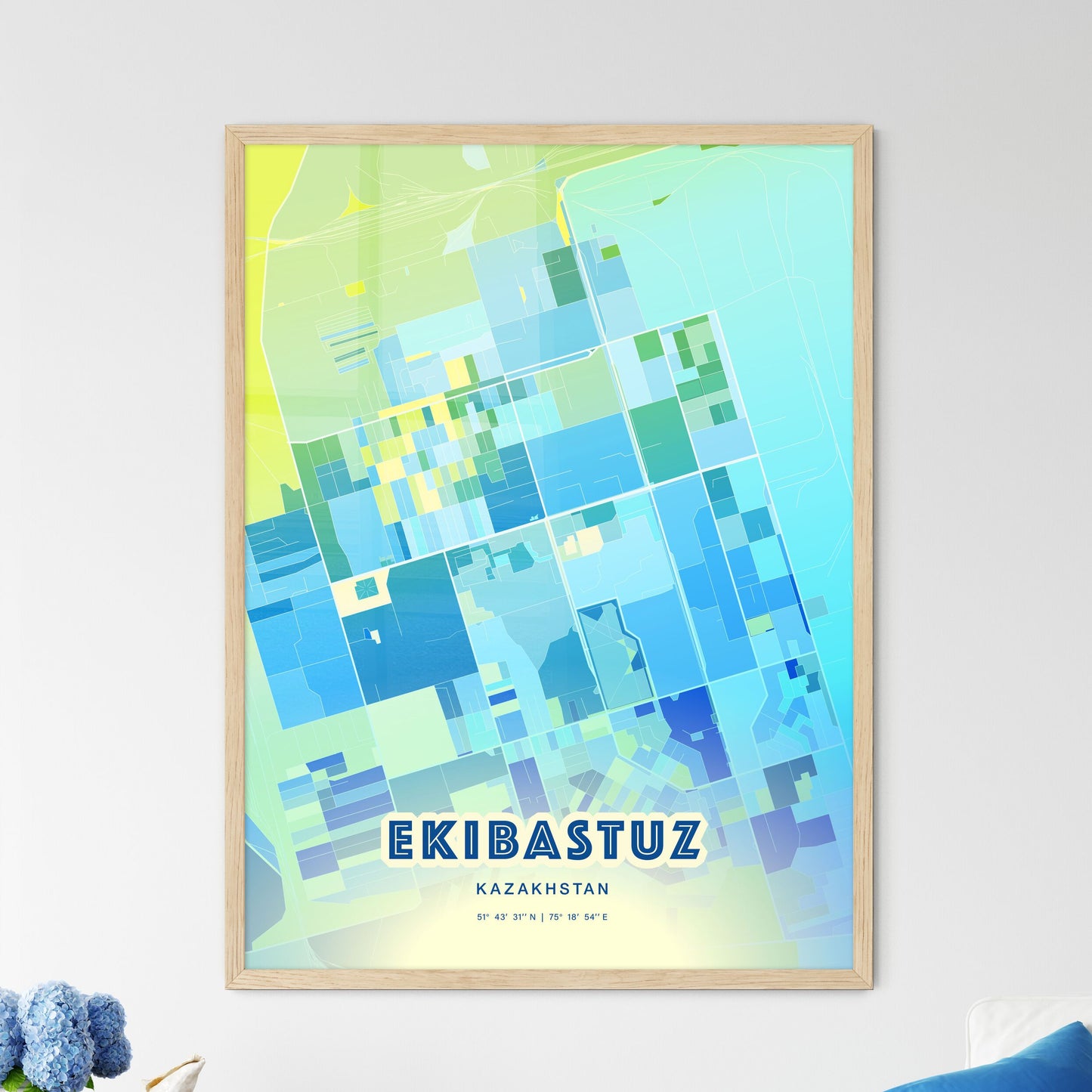 Colorful EKIBASTUZ KAZAKHSTAN Fine Art Map Cool Blue