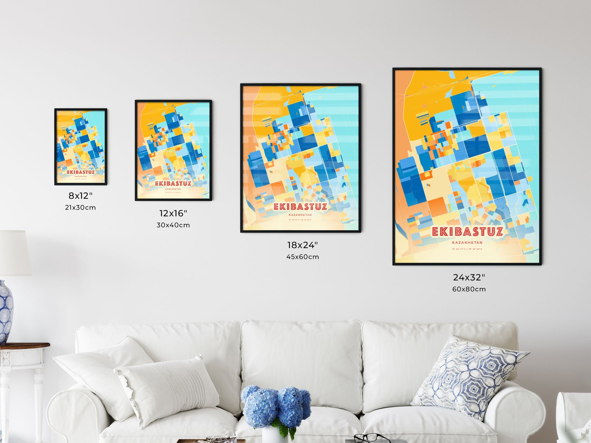 Colorful EKIBASTUZ KAZAKHSTAN Fine Art Map Blue Orange