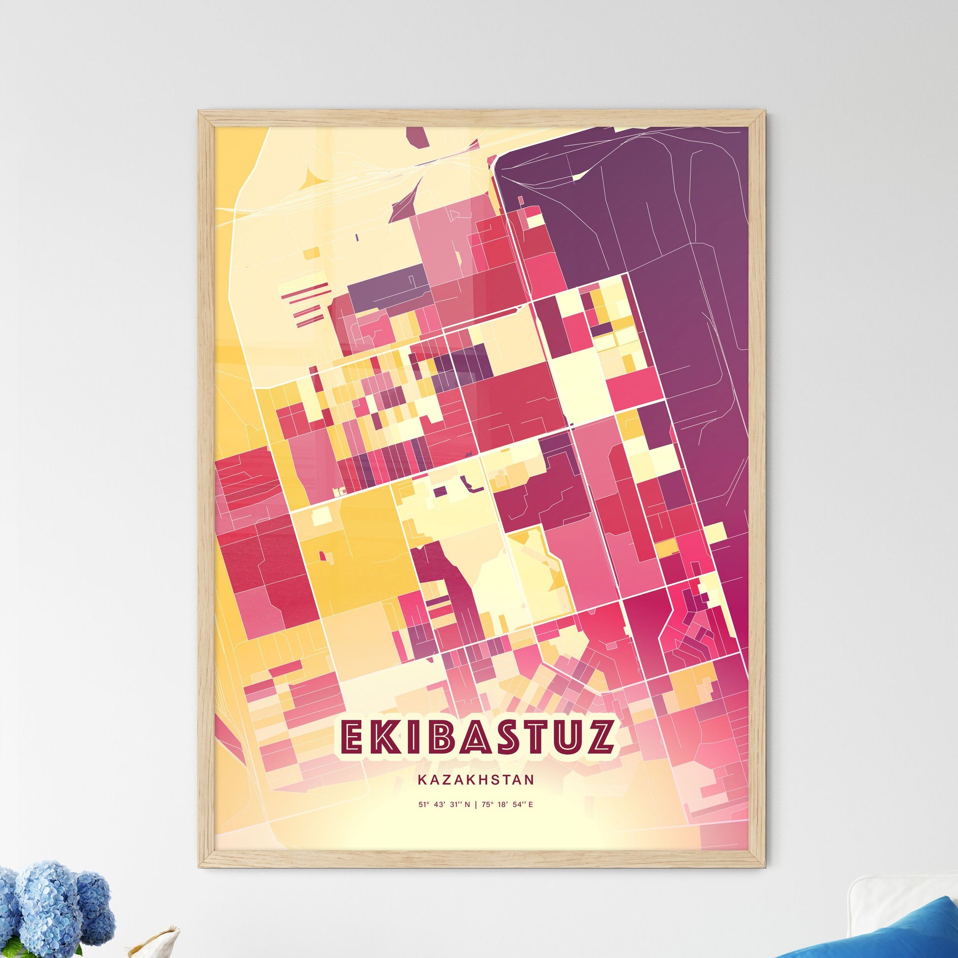 Colorful EKIBASTUZ KAZAKHSTAN Fine Art Map Hot Red