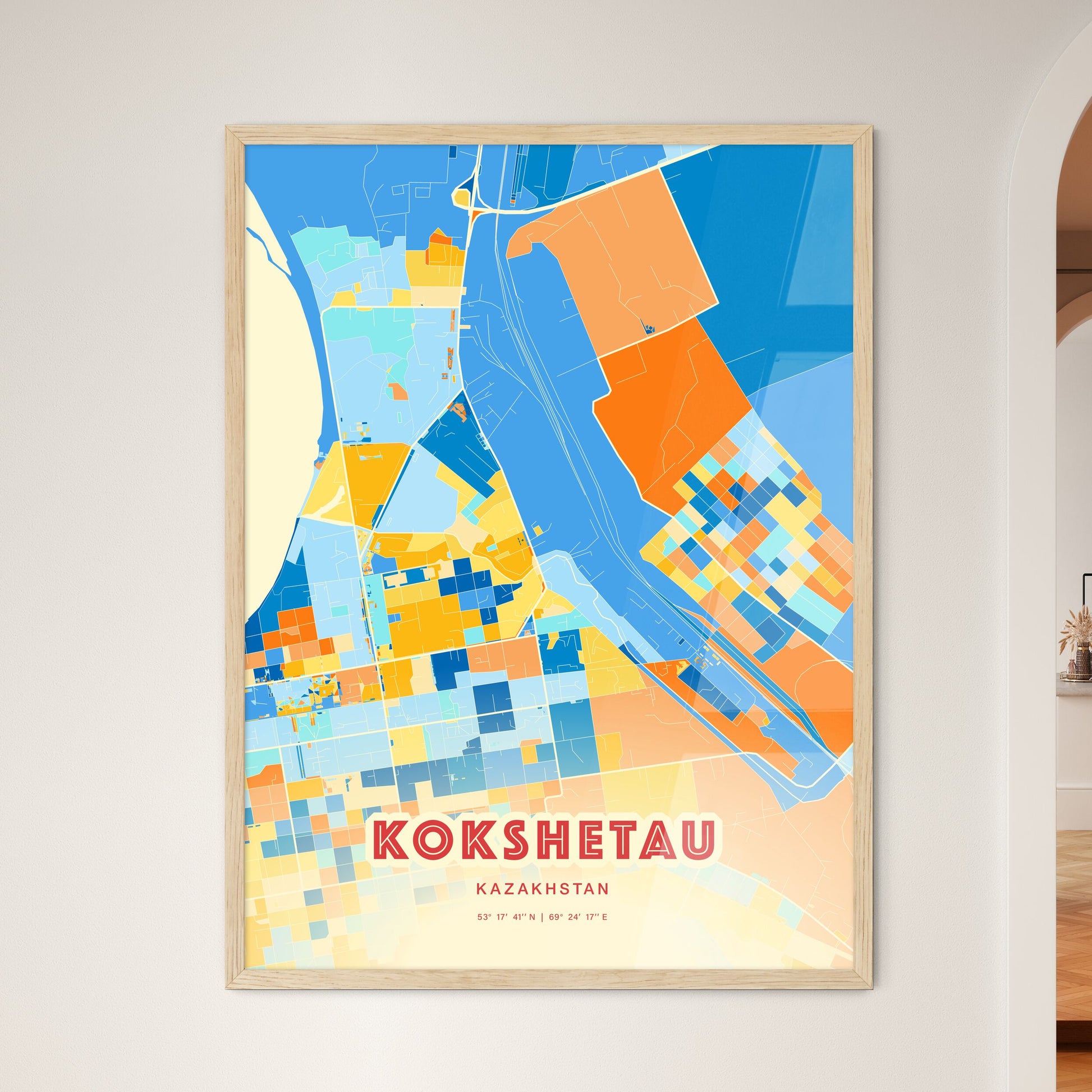 Colorful KOKSHETAU KAZAKHSTAN Fine Art Map Blue Orange