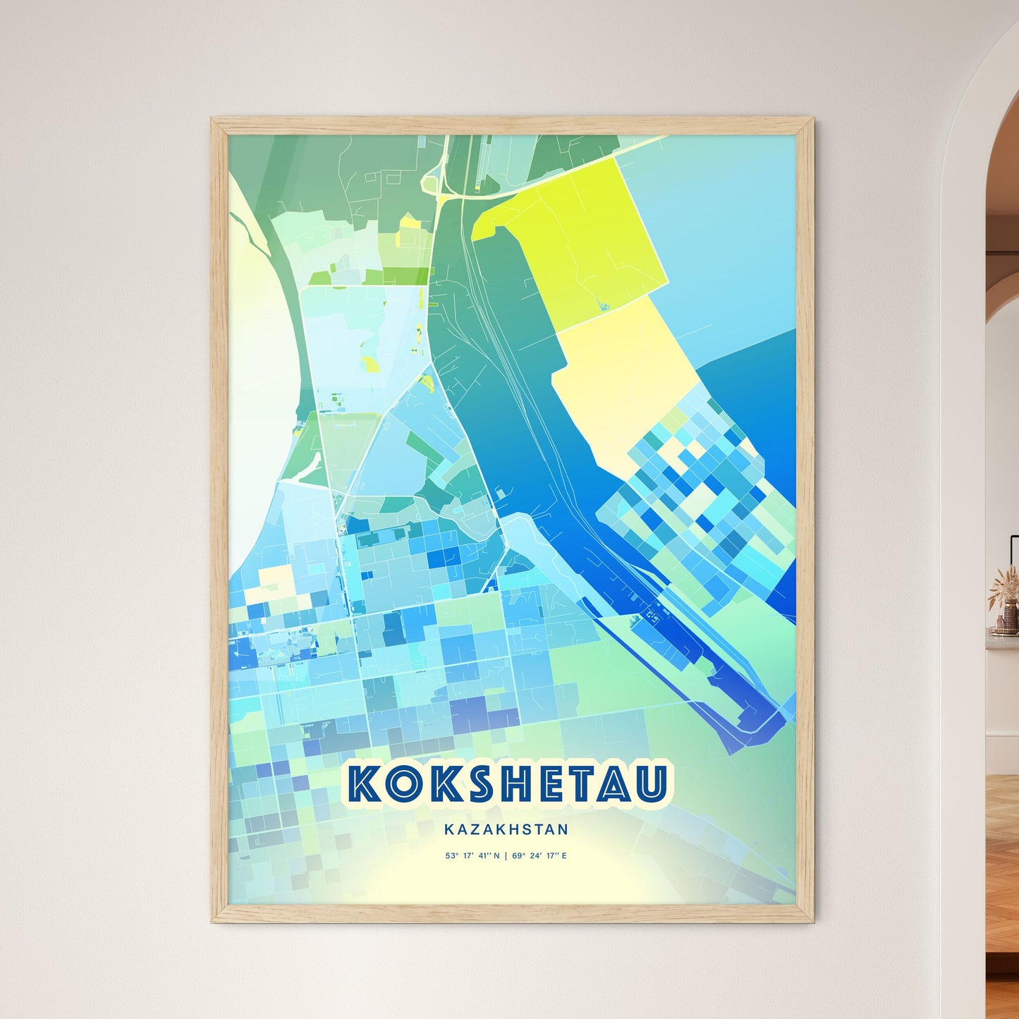 Colorful KOKSHETAU KAZAKHSTAN Fine Art Map Cool Blue