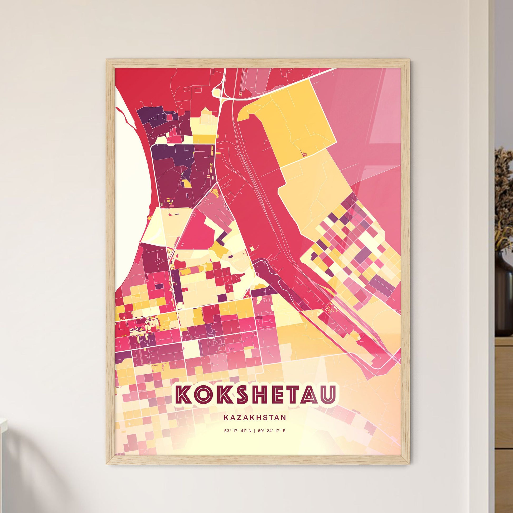 Colorful KOKSHETAU KAZAKHSTAN Fine Art Map Hot Red