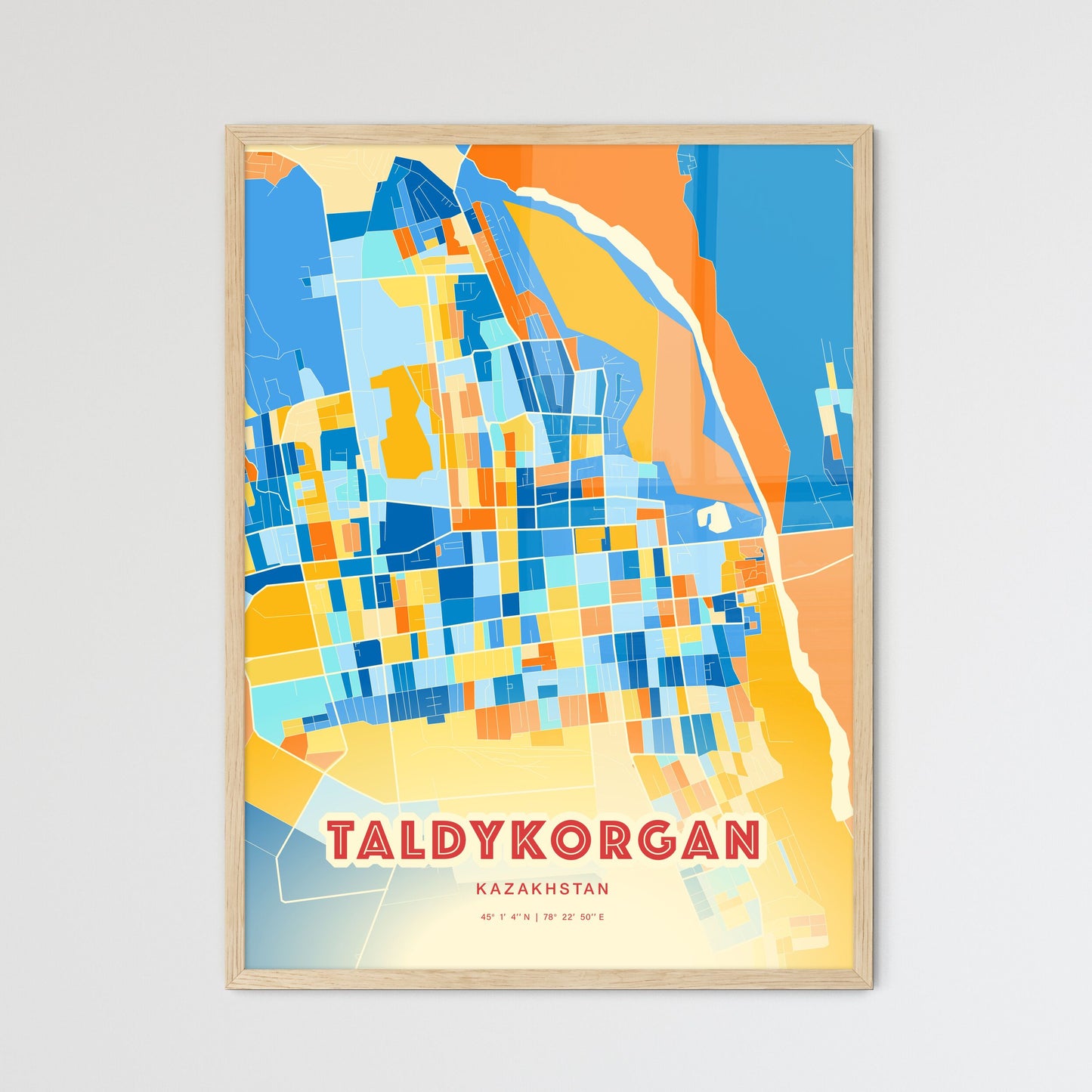 Colorful TALDYKORGAN KAZAKHSTAN Fine Art Map Blue Orange