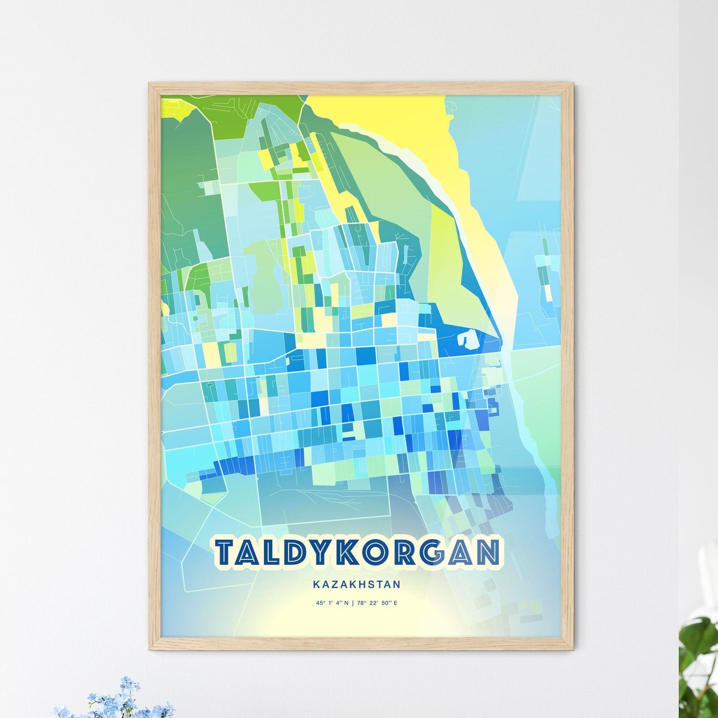 Colorful TALDYKORGAN KAZAKHSTAN Fine Art Map Cool Blue