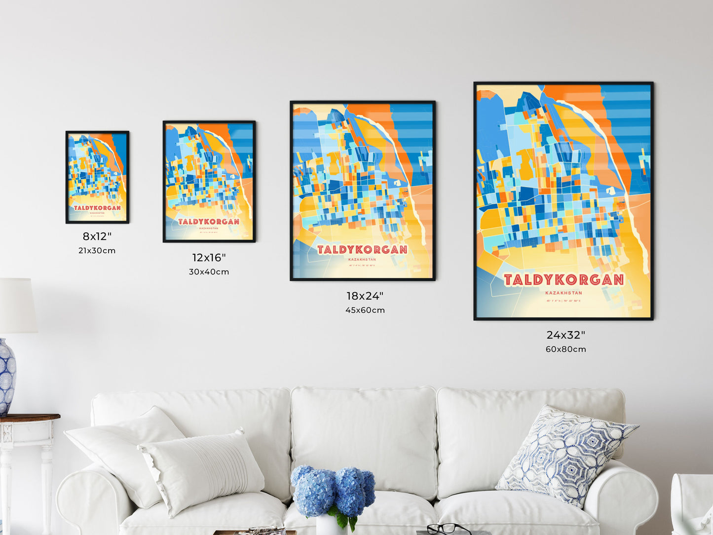 Colorful TALDYKORGAN KAZAKHSTAN Fine Art Map Blue Orange