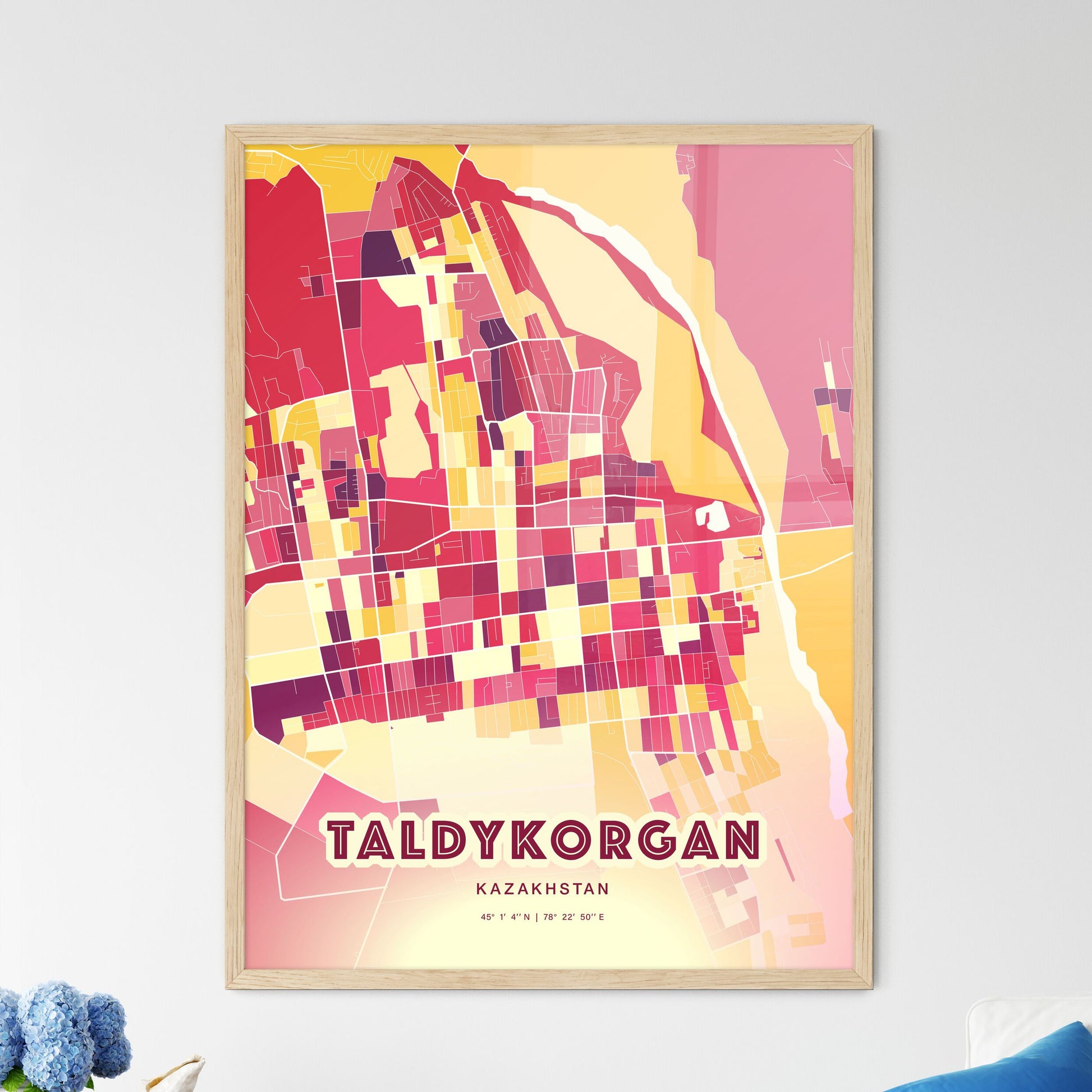 Colorful TALDYKORGAN KAZAKHSTAN Fine Art Map Hot Red