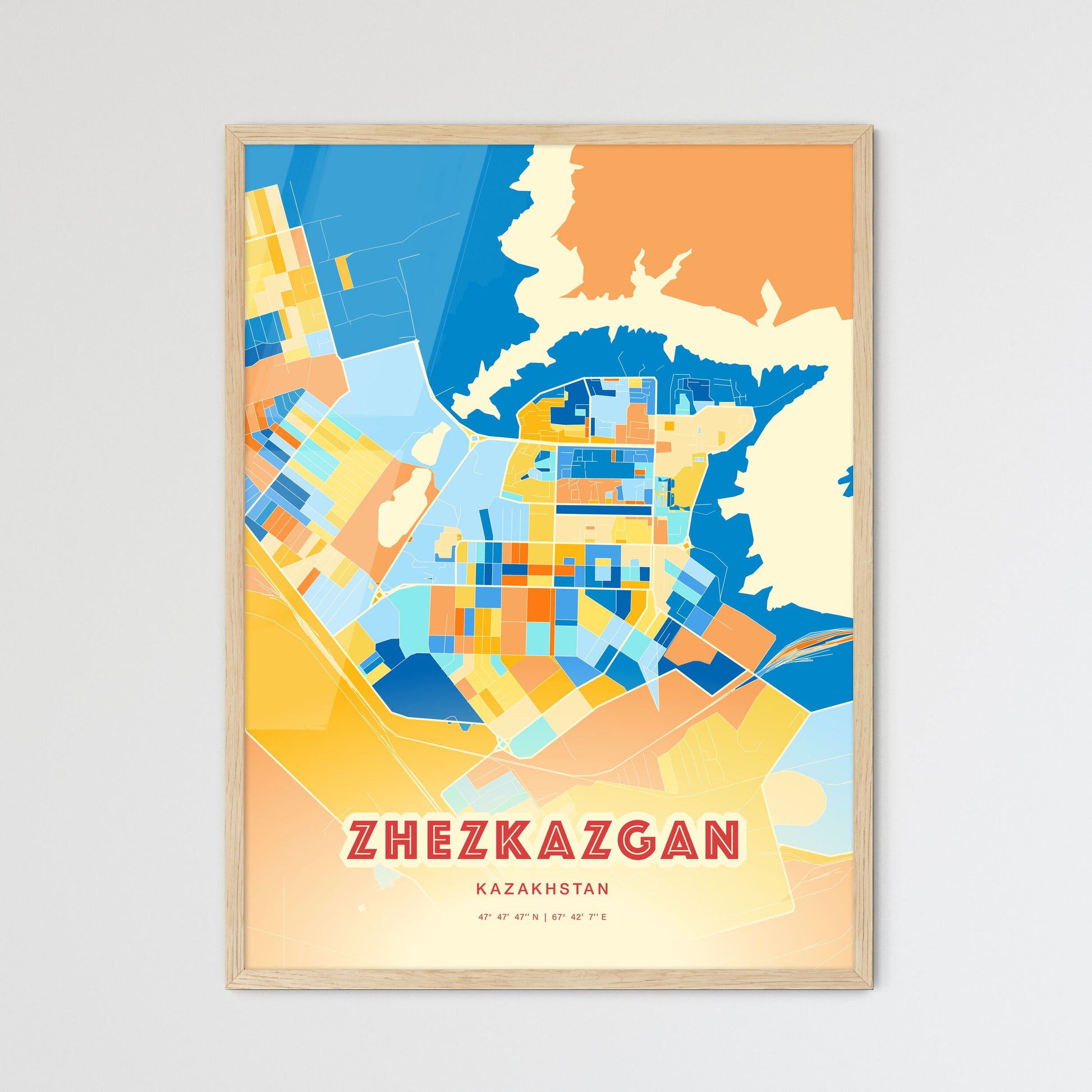 Colorful ZHEZKAZGAN KAZAKHSTAN Fine Art Map Blue Orange