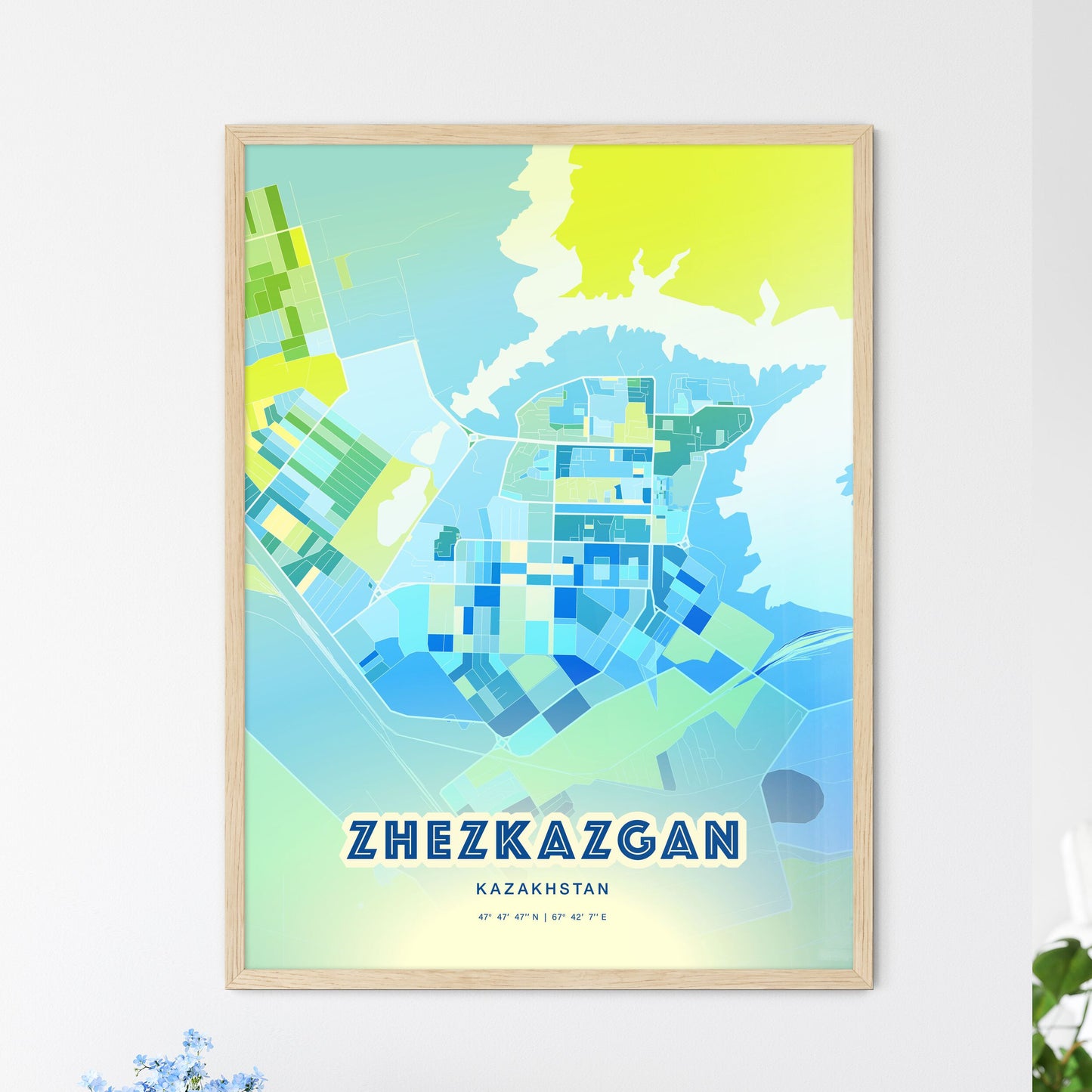 Colorful ZHEZKAZGAN KAZAKHSTAN Fine Art Map Cool Blue