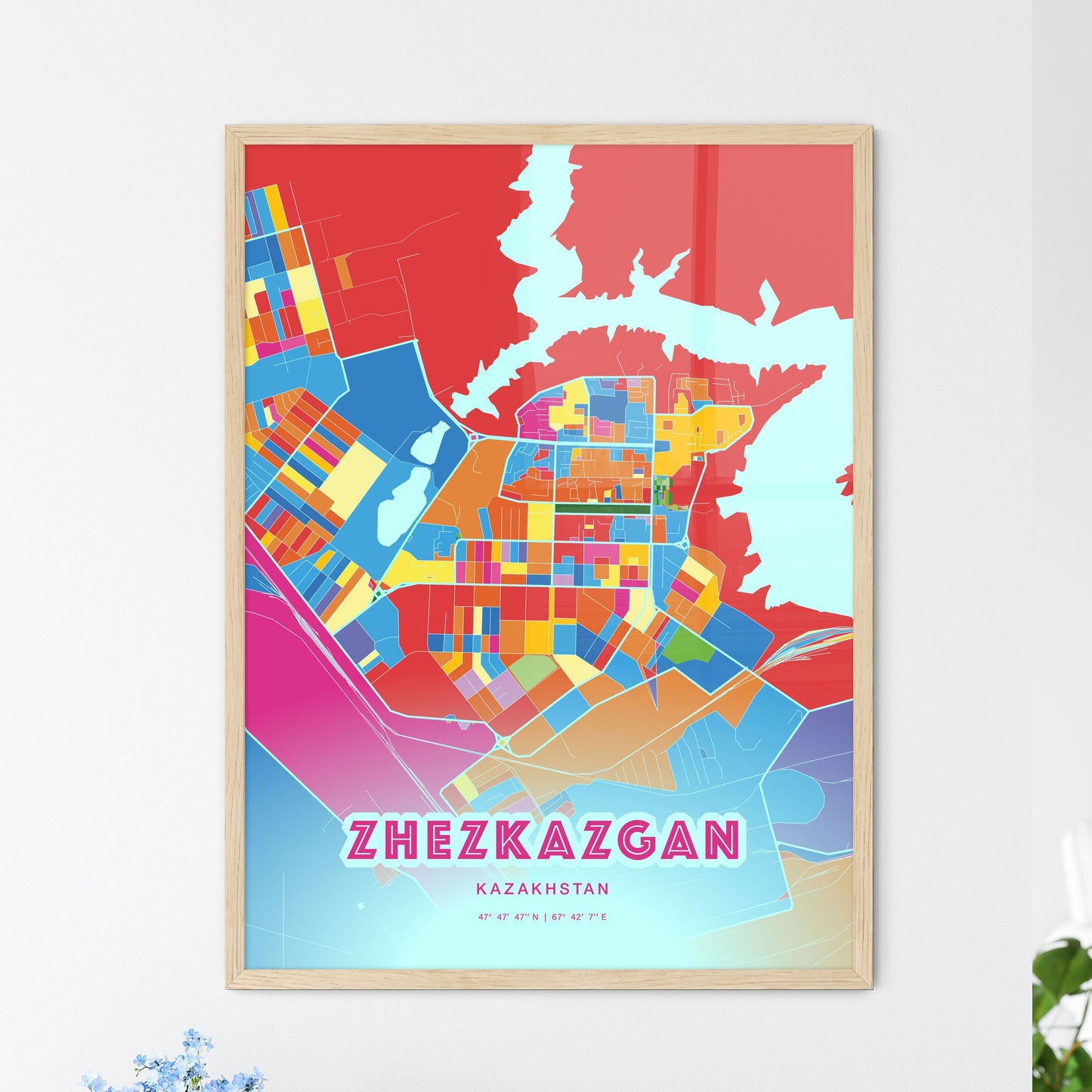 Colorful ZHEZKAZGAN KAZAKHSTAN Fine Art Map Crazy Colors