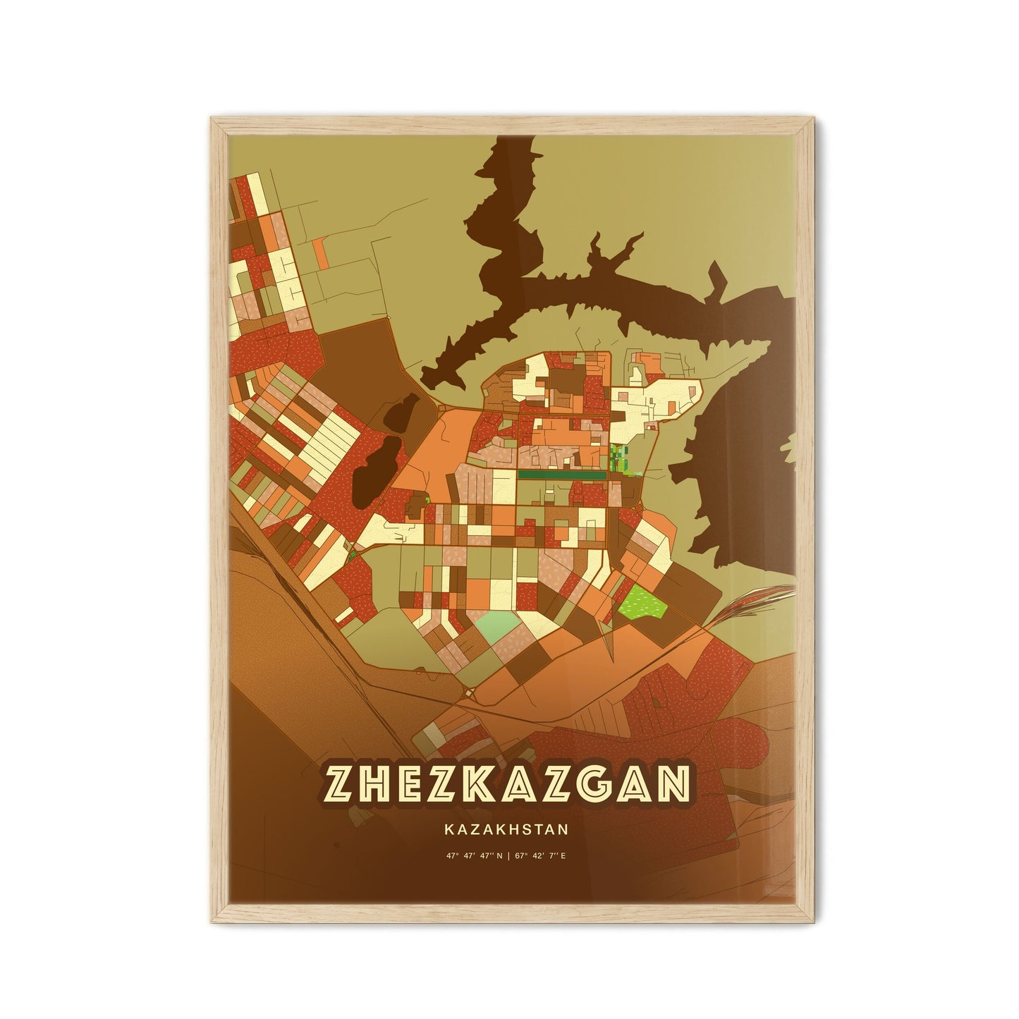 Colorful ZHEZKAZGAN KAZAKHSTAN Fine Art Map Farmhouse