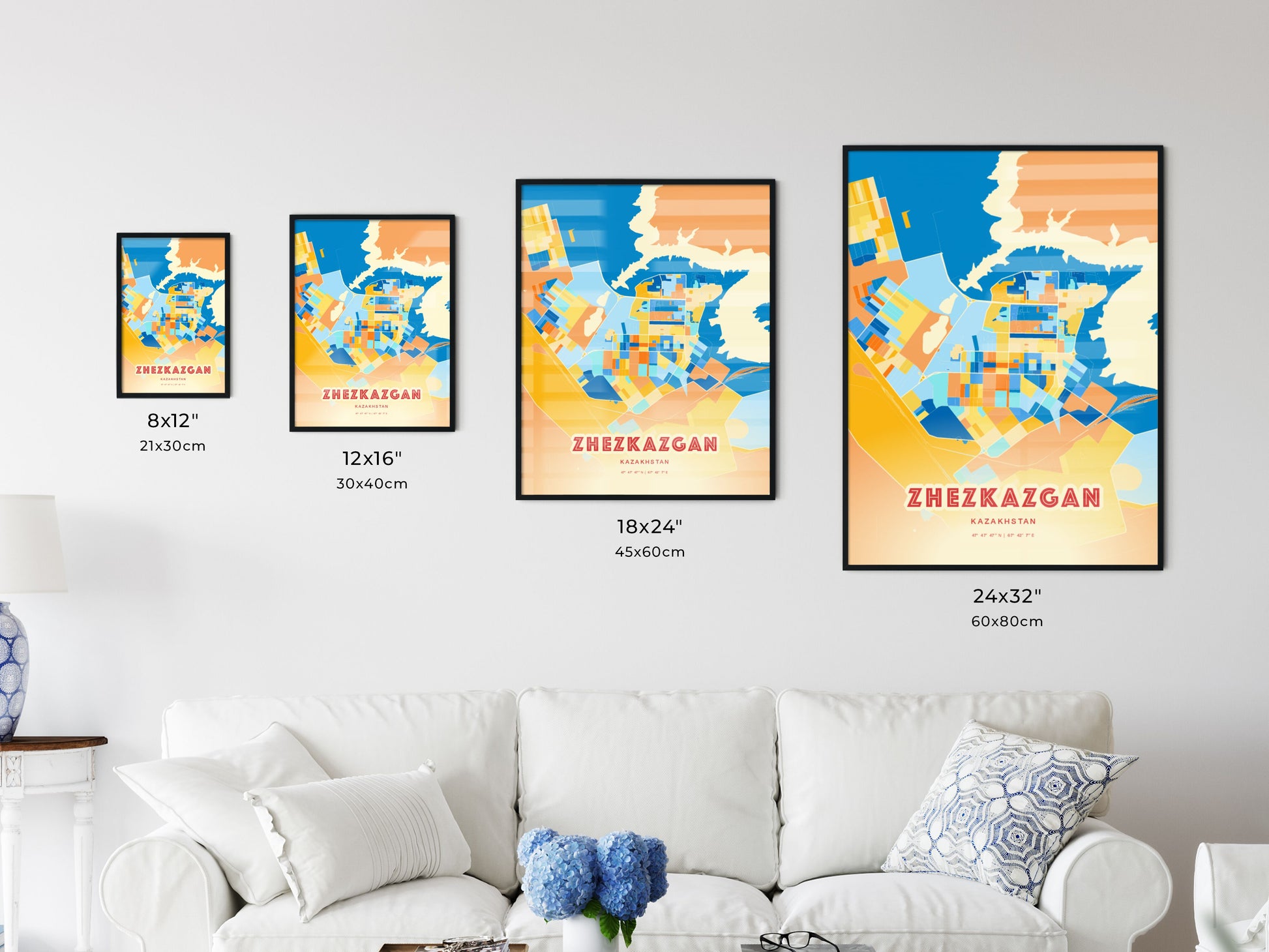 Colorful ZHEZKAZGAN KAZAKHSTAN Fine Art Map Blue Orange