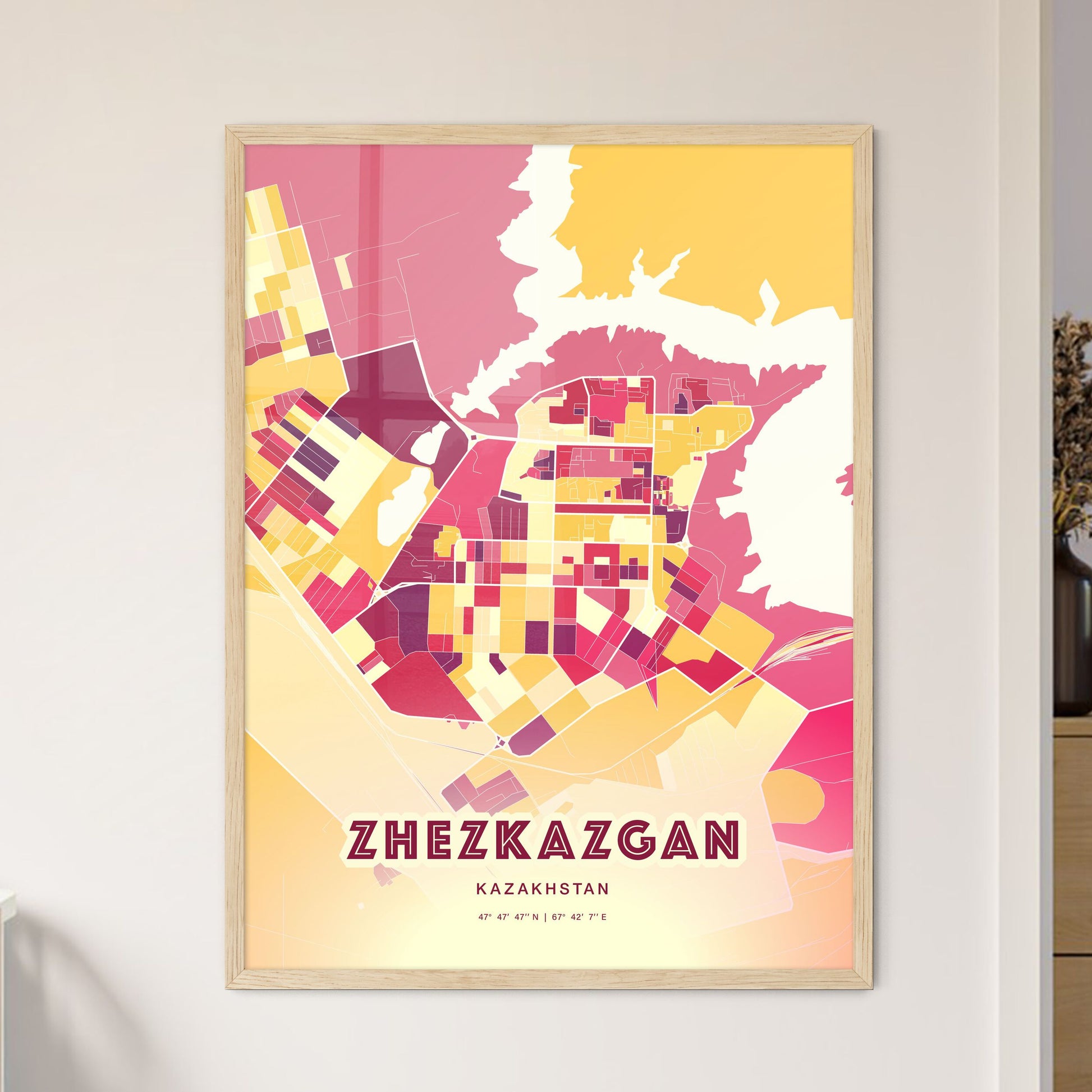 Colorful ZHEZKAZGAN KAZAKHSTAN Fine Art Map Hot Red