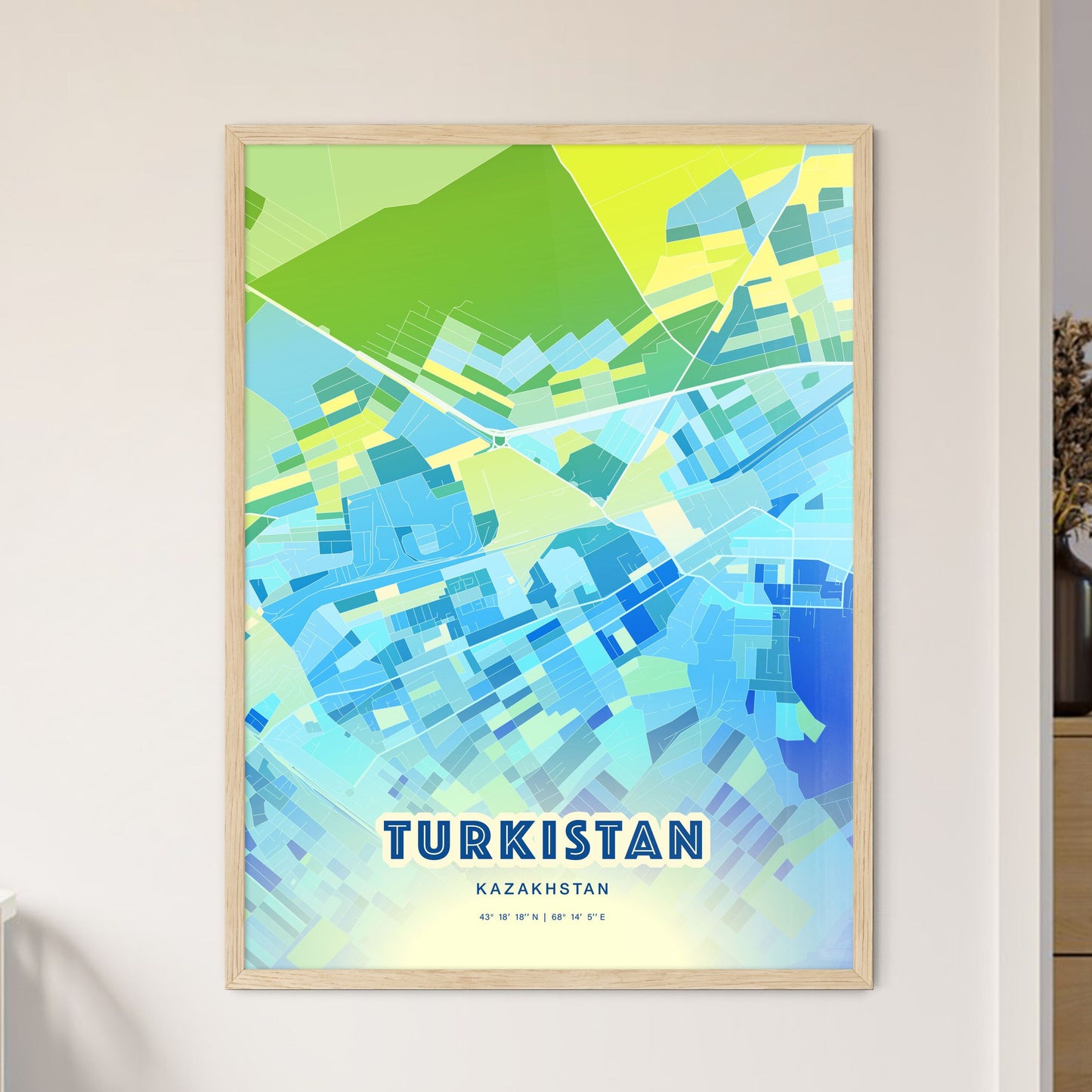 Colorful TURKISTAN KAZAKHSTAN Fine Art Map Cool Blue