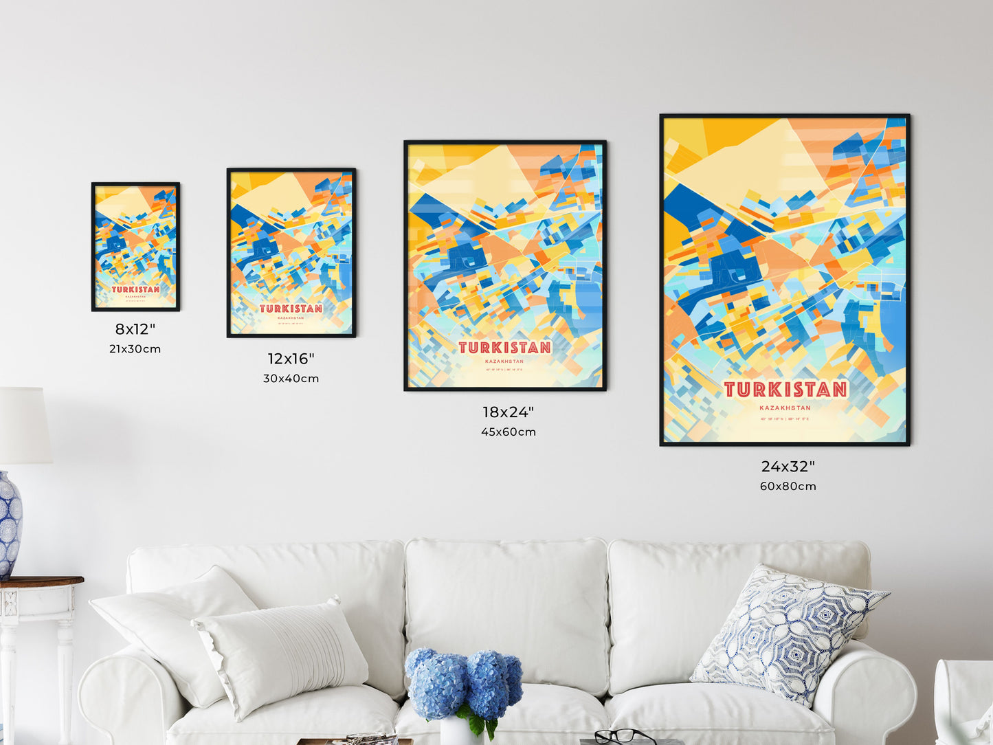 Colorful TURKISTAN KAZAKHSTAN Fine Art Map Blue Orange