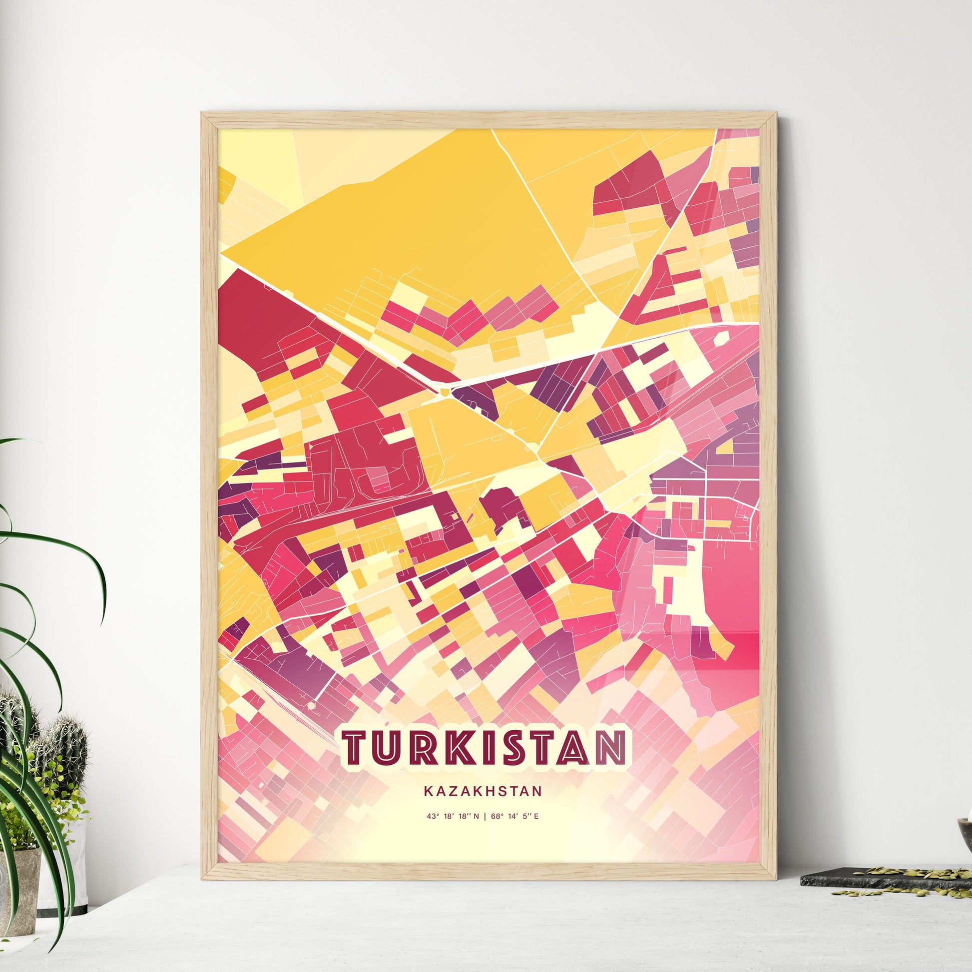 Colorful TURKISTAN KAZAKHSTAN Fine Art Map Hot Red