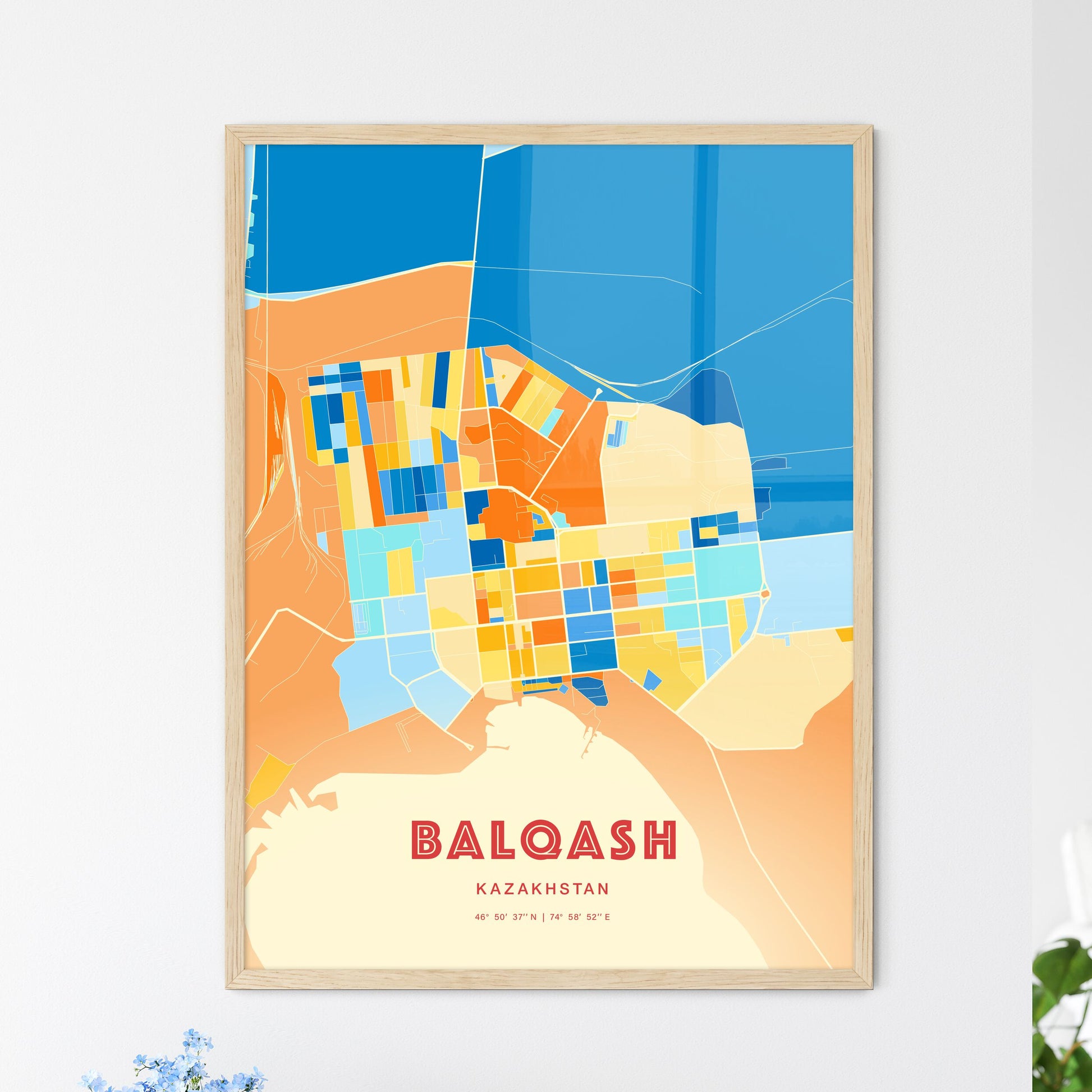 Colorful BALQASH KAZAKHSTAN Fine Art Map Blue Orange