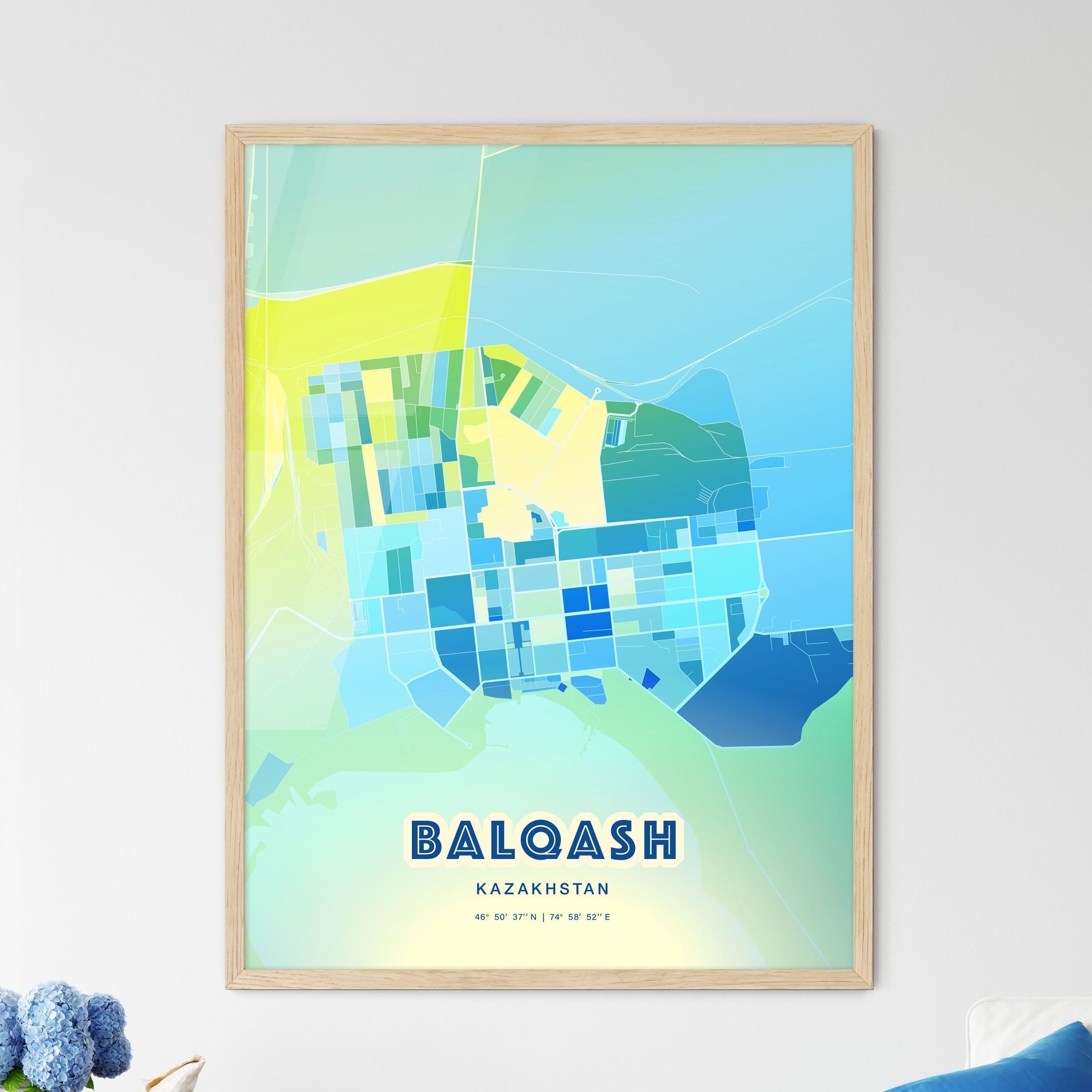 Colorful BALQASH KAZAKHSTAN Fine Art Map Cool Blue