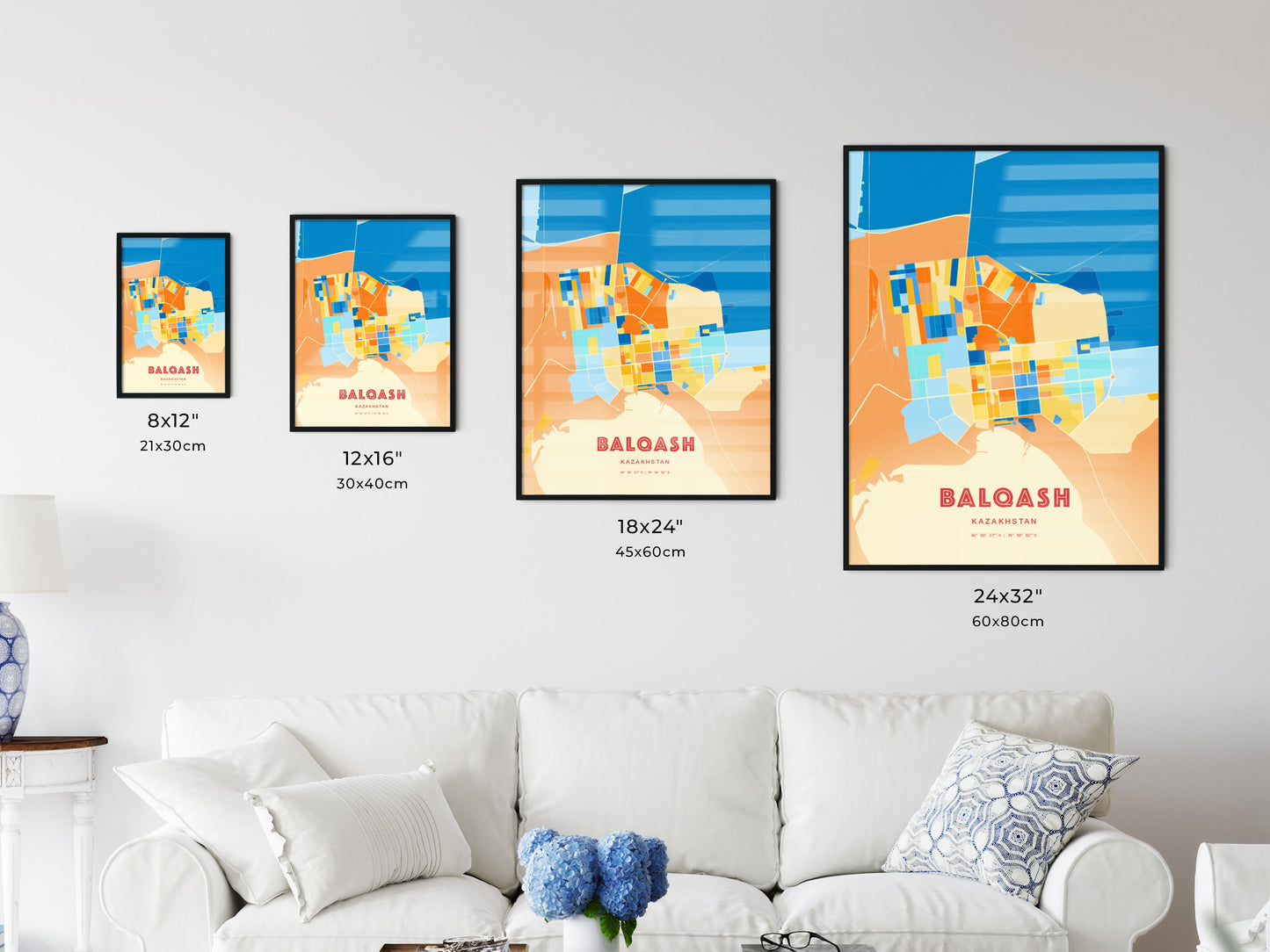 Colorful BALQASH KAZAKHSTAN Fine Art Map Blue Orange